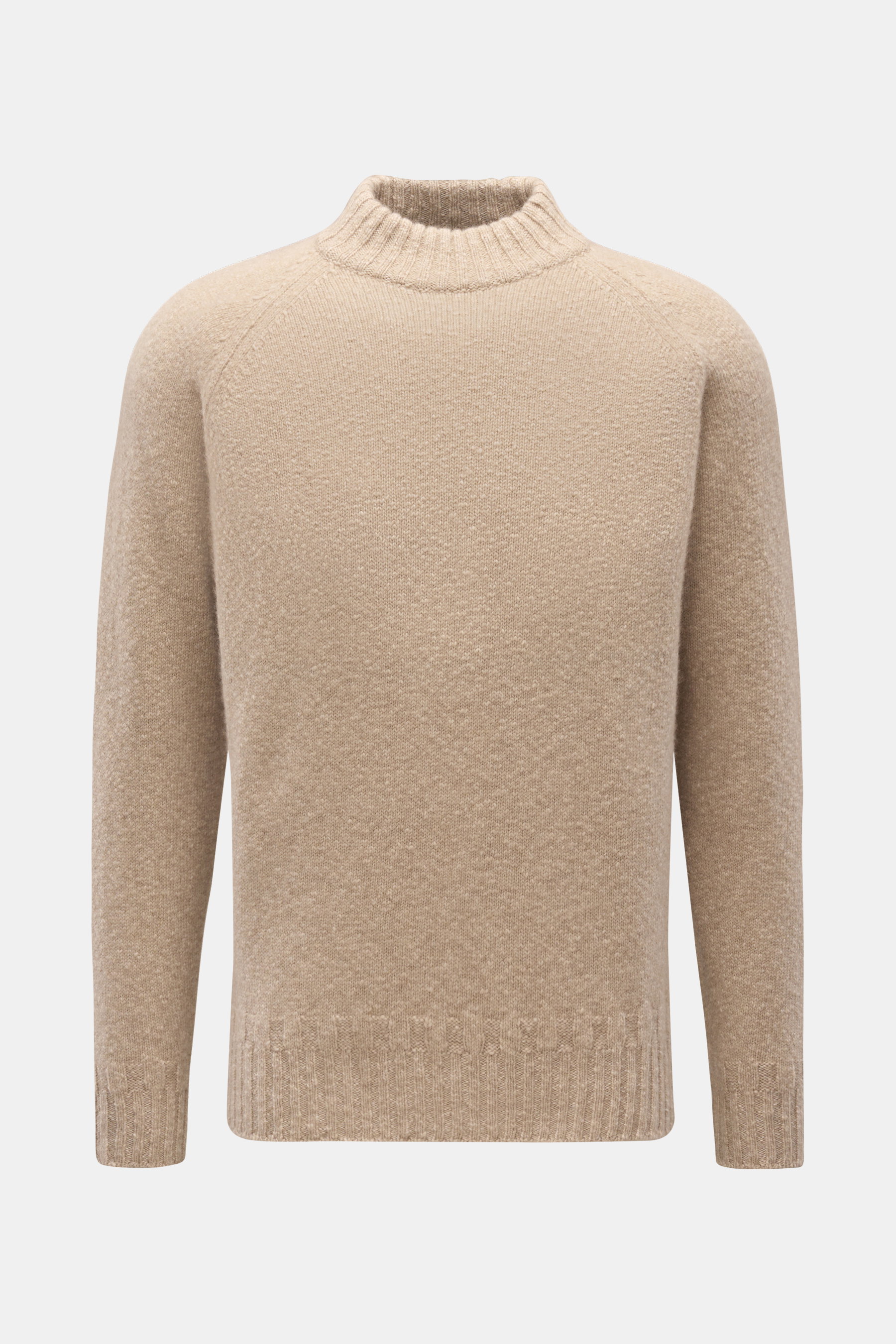 Fioroni Cashmere Rundhalspullover beige meliert in Slim Fit, mittelfeines Strickbild, reiner Cashmere, weicher Griff, Raglan-Ärmel, Rundhalsausschnitt, Bouclé-Effekt, flexible Rippbündchen, Frontalansicht.