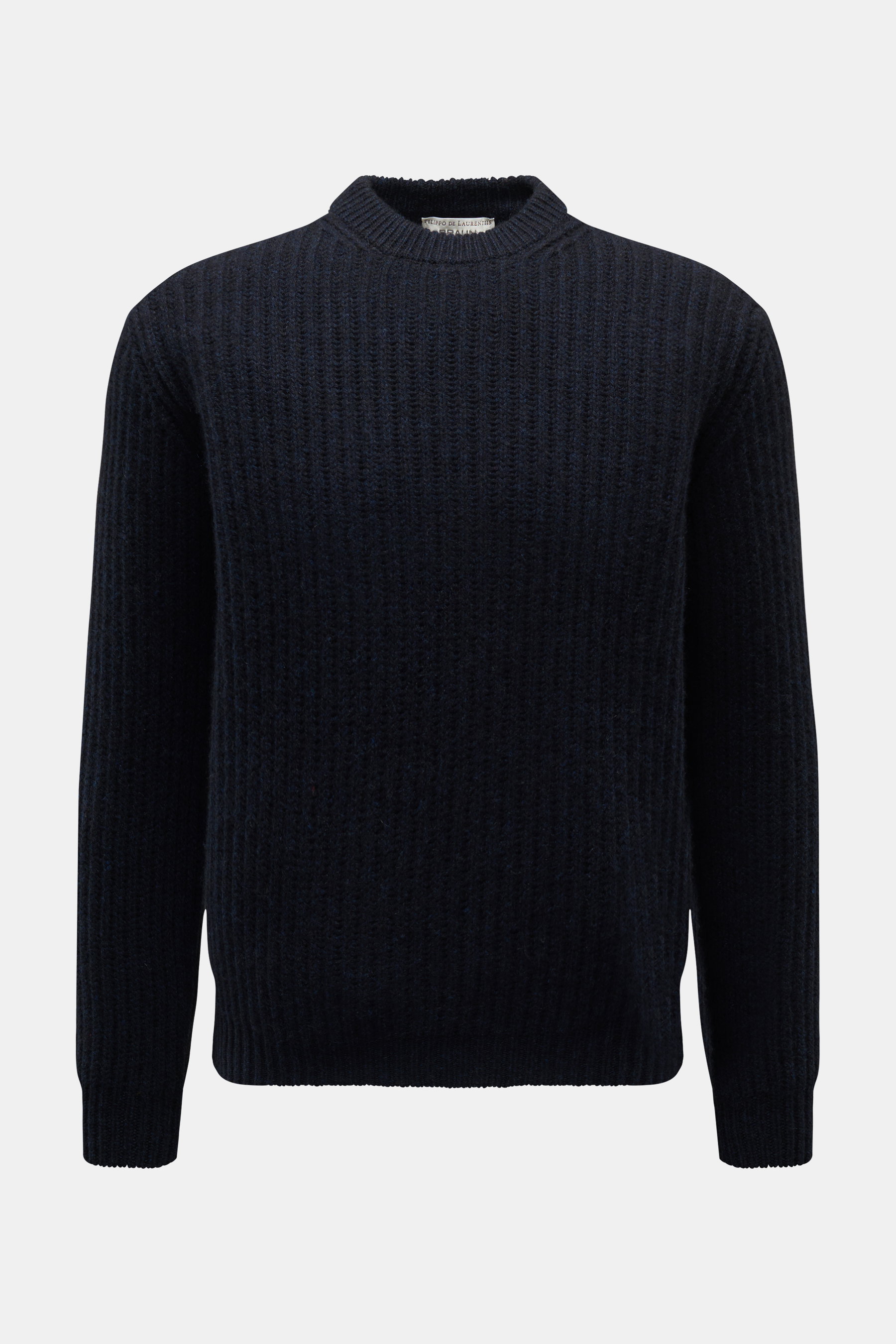 Filippo de Laurentiis Cashmere Rundhalspullover navy, frontale Ansicht, Slim Fit, reiner Cashmere, sehr weicher Griff, voluminöses Patent-Strickmuster, Rundhalsausschnitt, komfortable Rippbündchen.