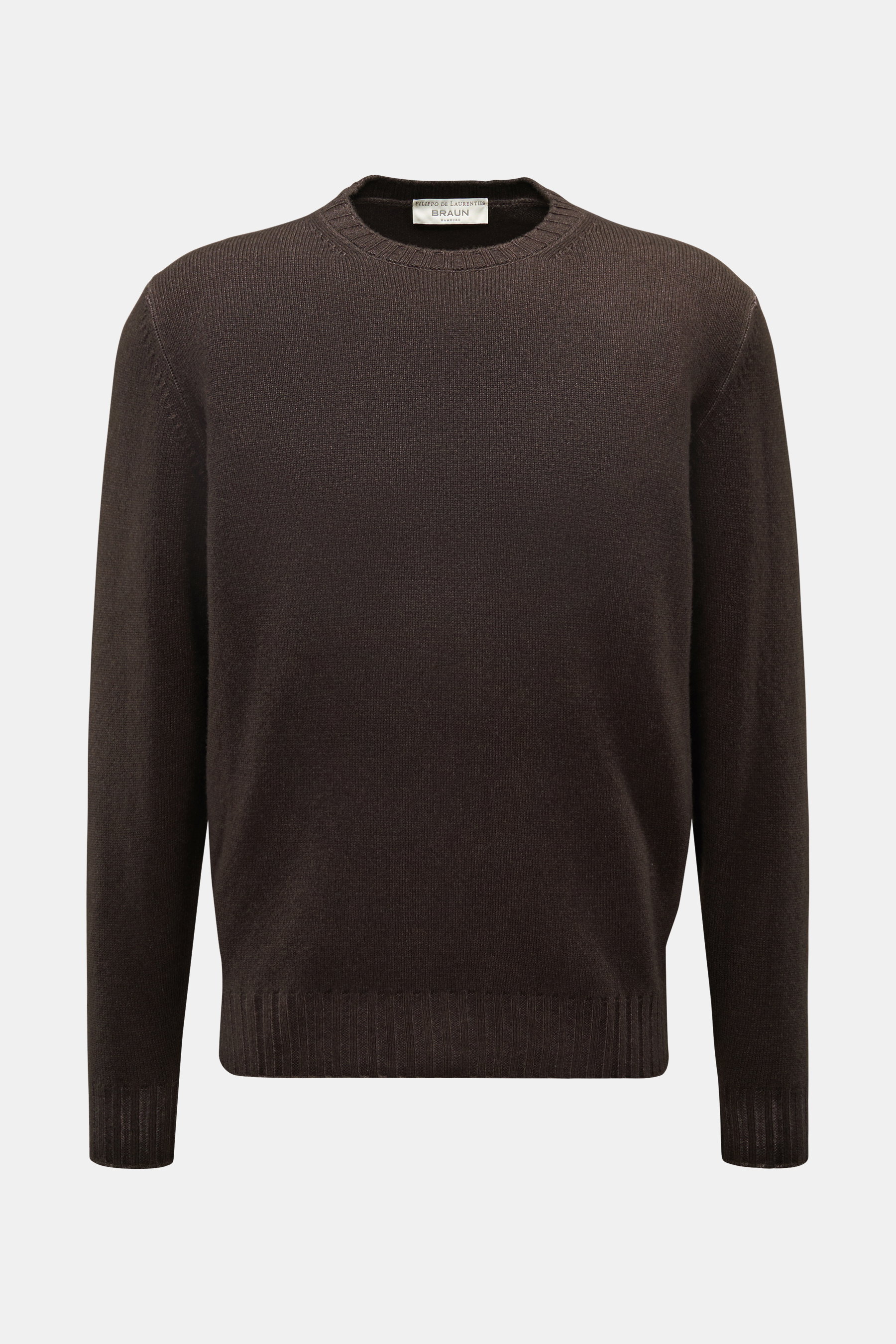 Filippo de Laurentiis Merino Rundhalspullover dunkelbraun meliert, frontale Ansicht, garment dyed, weicher Griff, feines Strickbild, Rundhalsausschnitt, Regular Fit, flexible Rippbündchen.