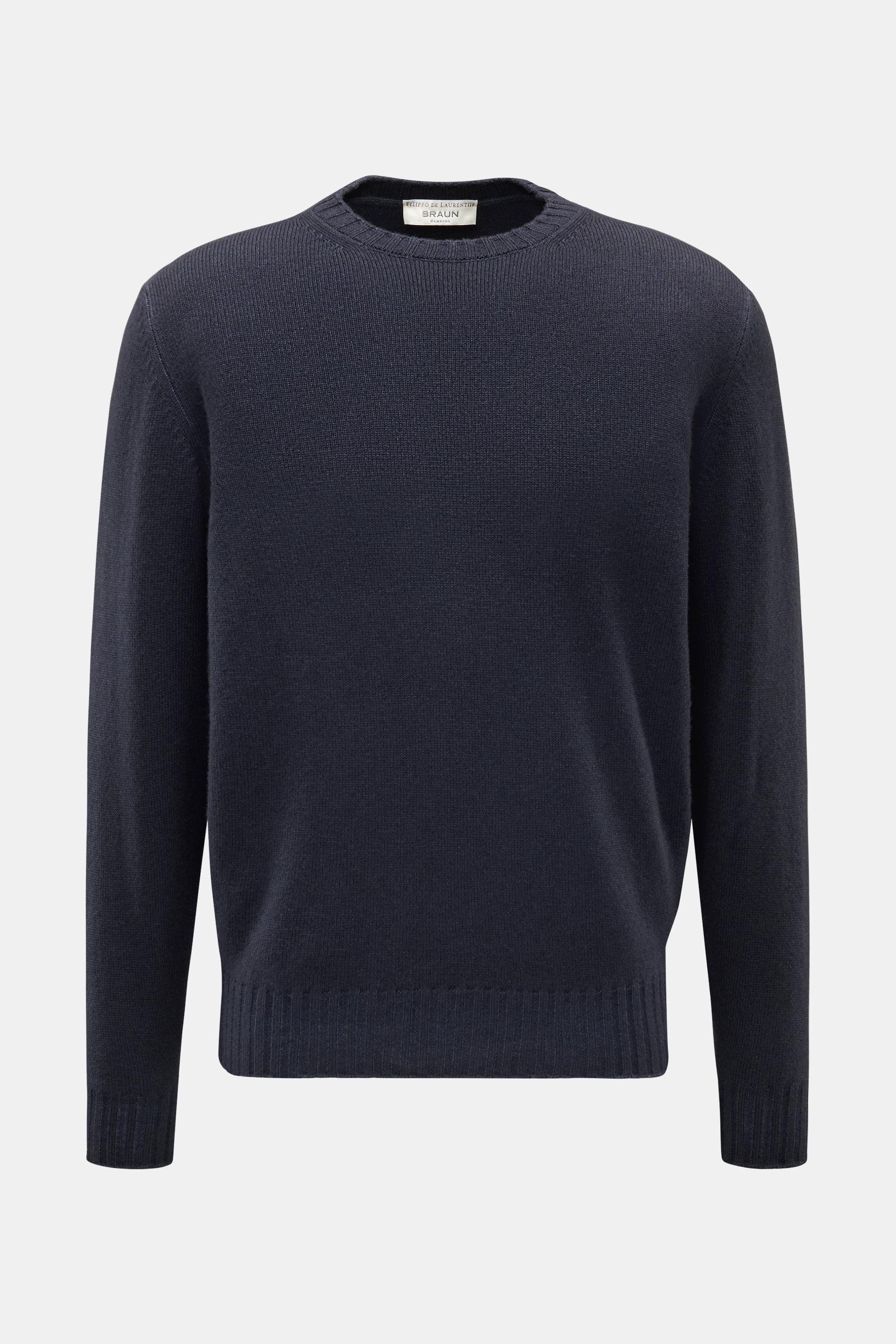 Filippo de Laurentiis Merino Rundhalspullover navy meliert, frontale Nahaufnahme, superfeine Merinowolle, Cashmere, garment dyed, Regular Fit, weicher Griff, Rundhalsausschnitt, flexible Rippbündchen, feines Strickbild.