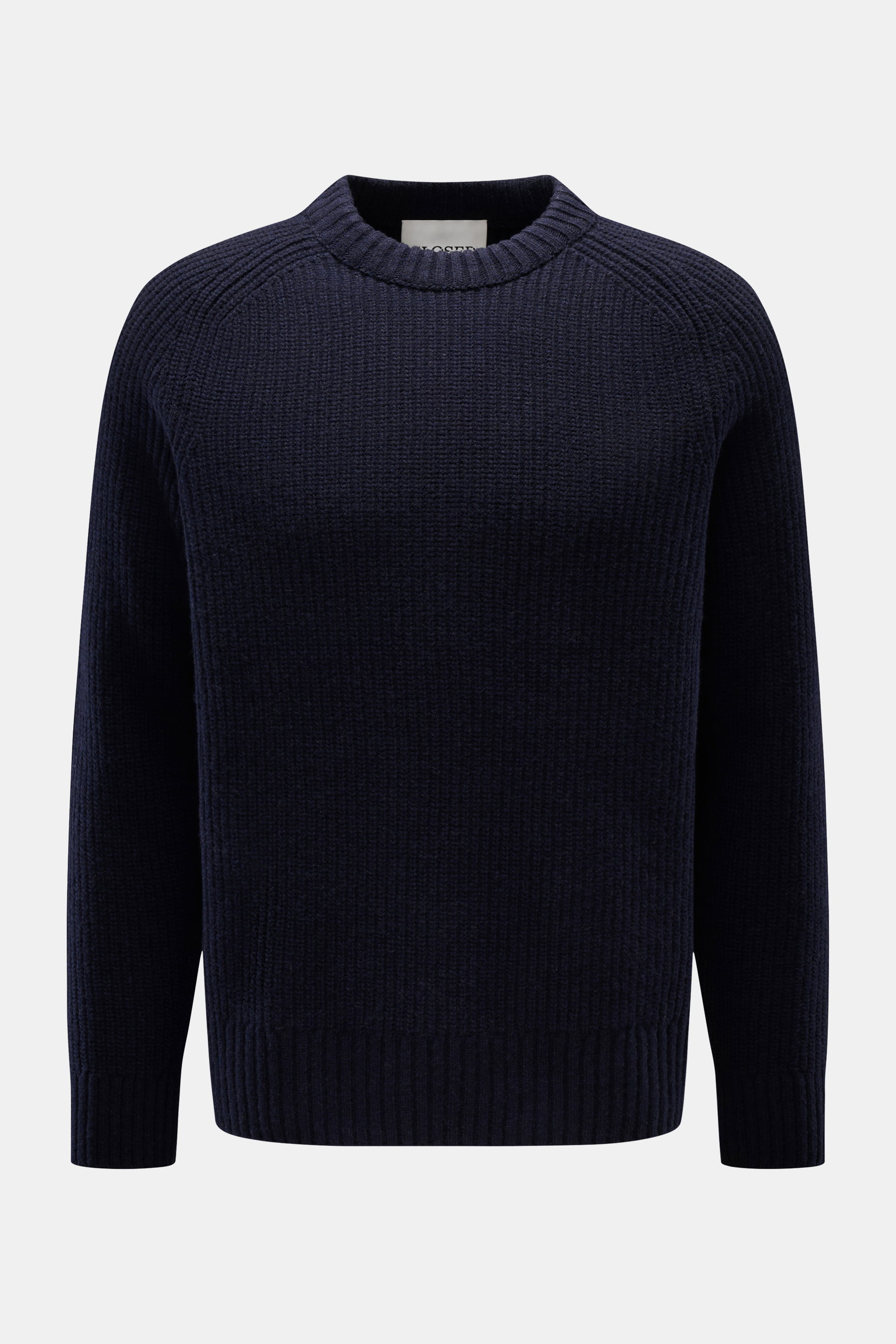 Closed Rundhalspullover navy, Frontansicht, Slim Fit, grober Rippstrick, reine Wolle, weicher Griff, Rundhalsausschnitt, komfortable Rippbündchen.