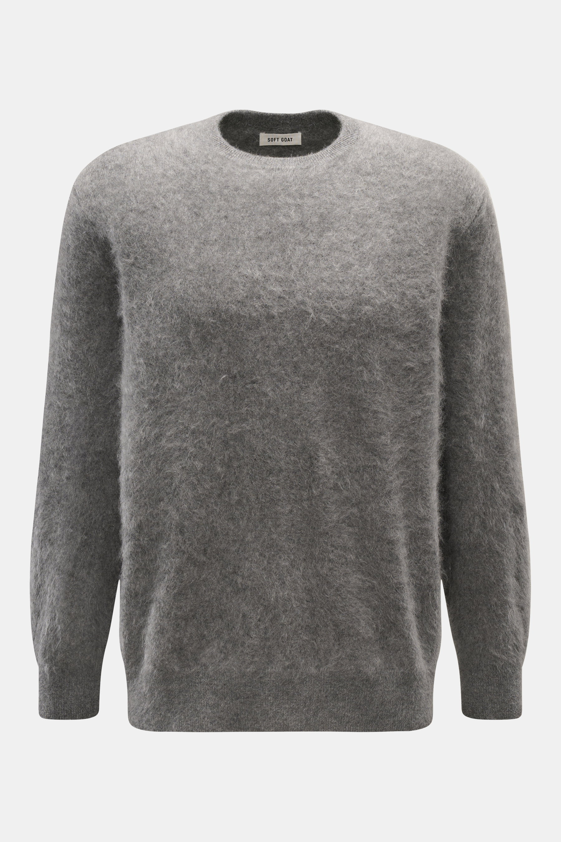 Soft Goat Cashmere Rundhalspullover grau meliert, frontal fotografiert, voluminös, gebürstet, Regular Fit, Rundhalsausschnitt, Rippbündchen, sehr weich.