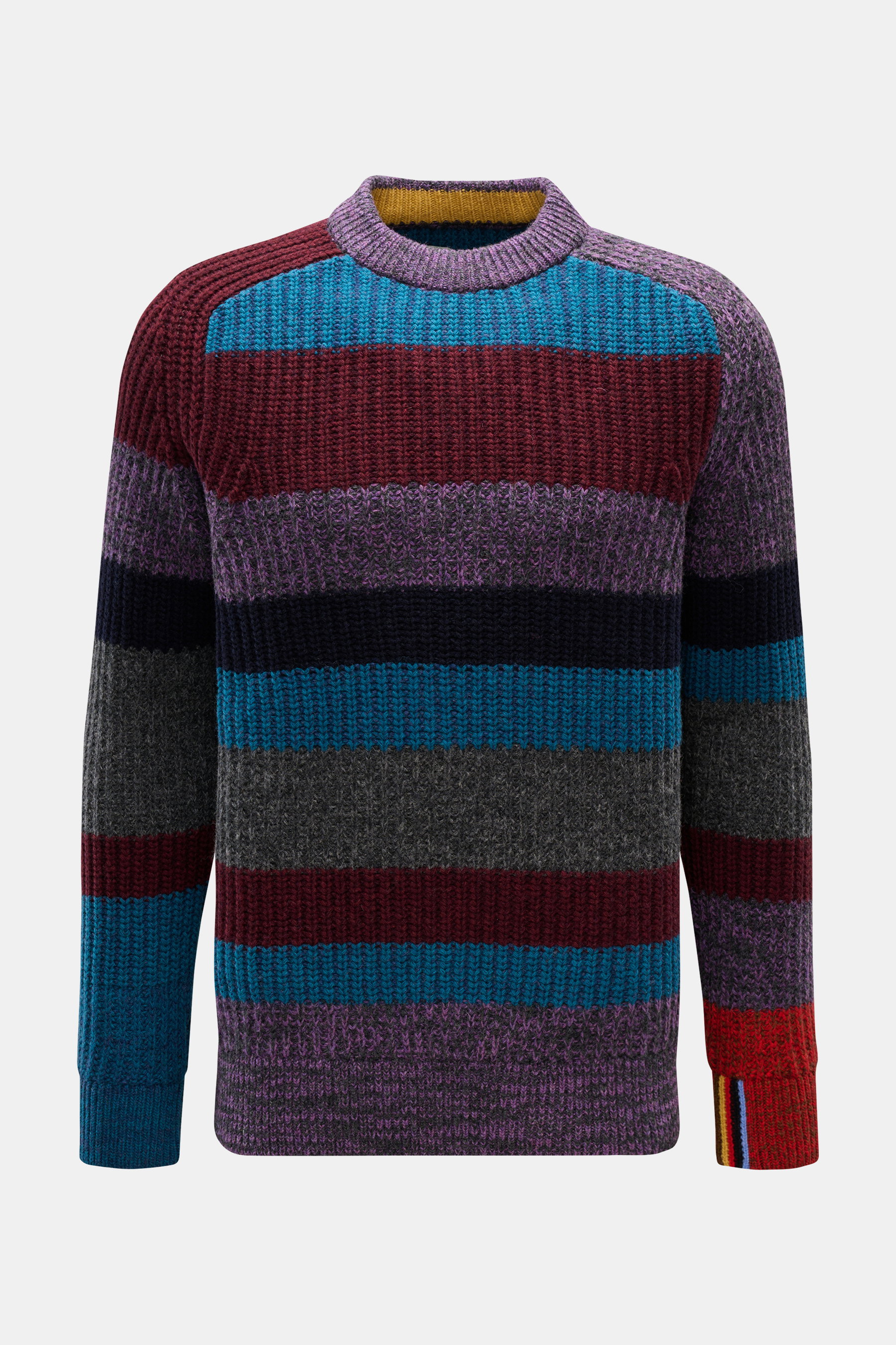 Barbour Rundhalspullover 'Multi Striped Crew' violett/bordeaux/türkis gestreift, grober Patent-Strick, Slim Fit, Rundhalsausschnitt, Paul-Smith-Streifen am Ärmel, frontal fotografiert.