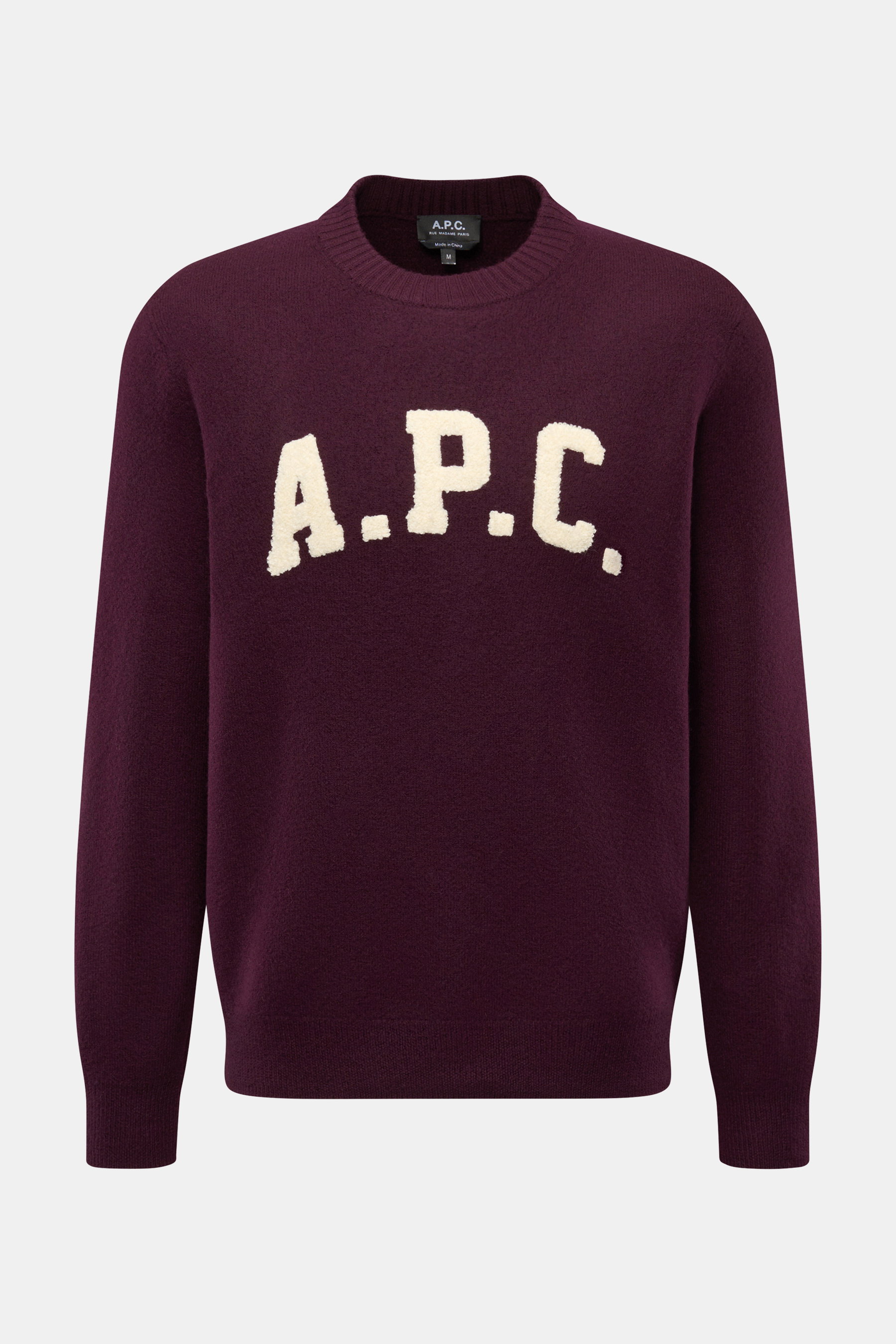 A.P.C. Rundhalspullover 'Jay' dunkel violett, frontale Nahaufnahme, reine Schurwolle, Slim Fit, weicher Griff, flexibles Rippbündchen, A.P.C. Terry-Logo.