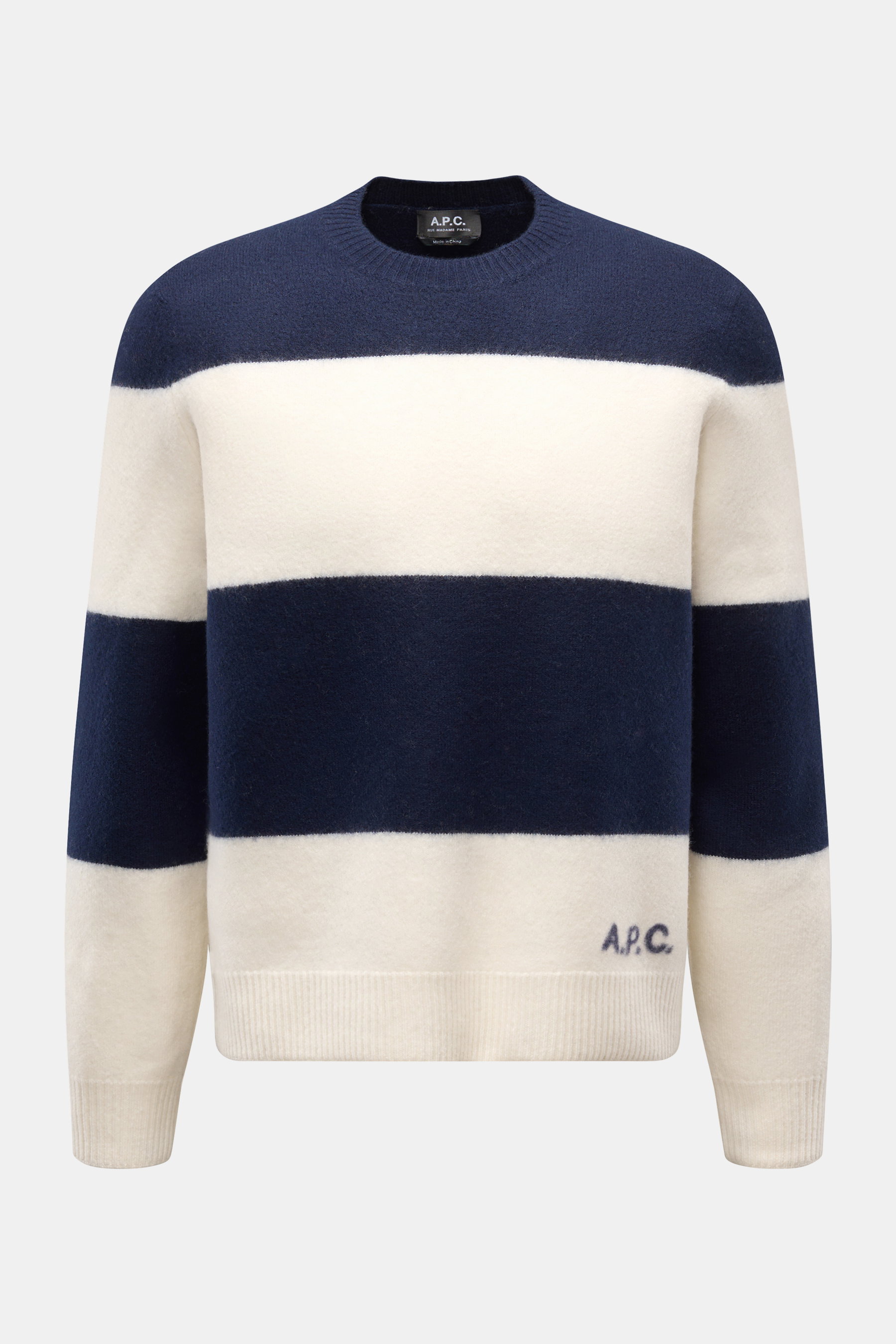 A.P.C. Rundhalspullover 'Edwardo' dunkelblau/creme gestreift, Slim Fit, reine Wolle, weicher Griff, Blockstreifen, dezentes Logo vorn, frontale Ansicht.