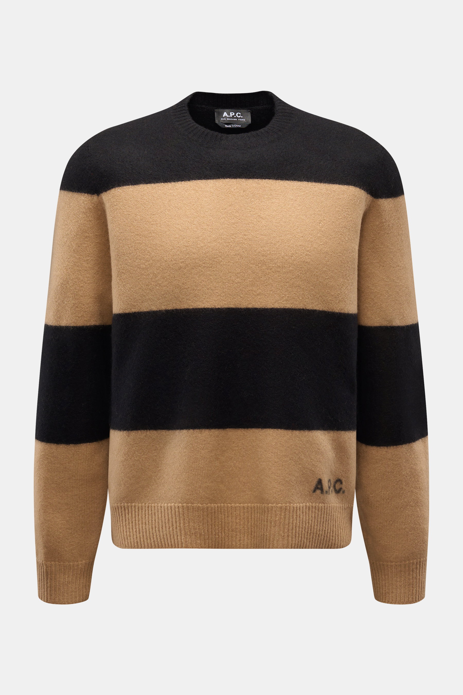 A.P.C. Rundhalspullover 'Edwardo' camel/schwarz gestreift, Slim Fit, mittelfeines Strickbild, weicher Griff, Rippbündchen, dezentem Logo, Frontansicht.