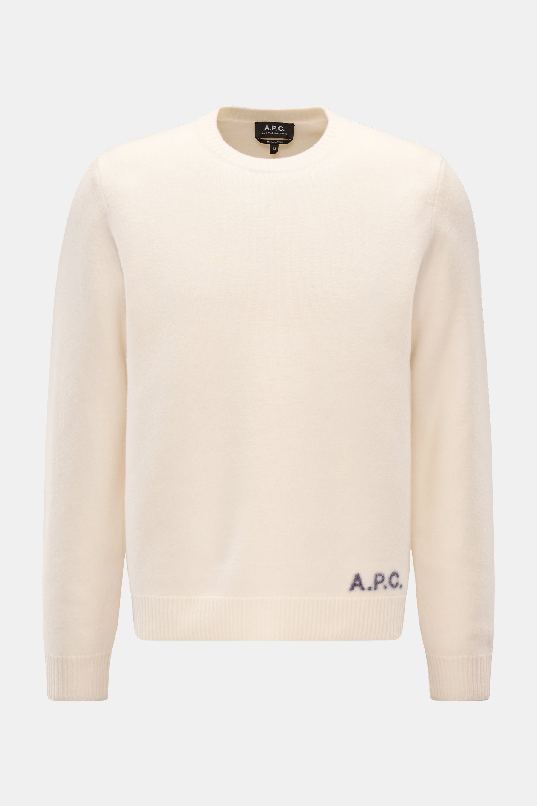 A.P.C. Rundhalspullover 'Edward' offwhite, frontale Ansicht, reine Wolle, weicher Griff, mittelfeines Strickbild, Slim Fit, flexible Rippbündchen, dezentes Logo.