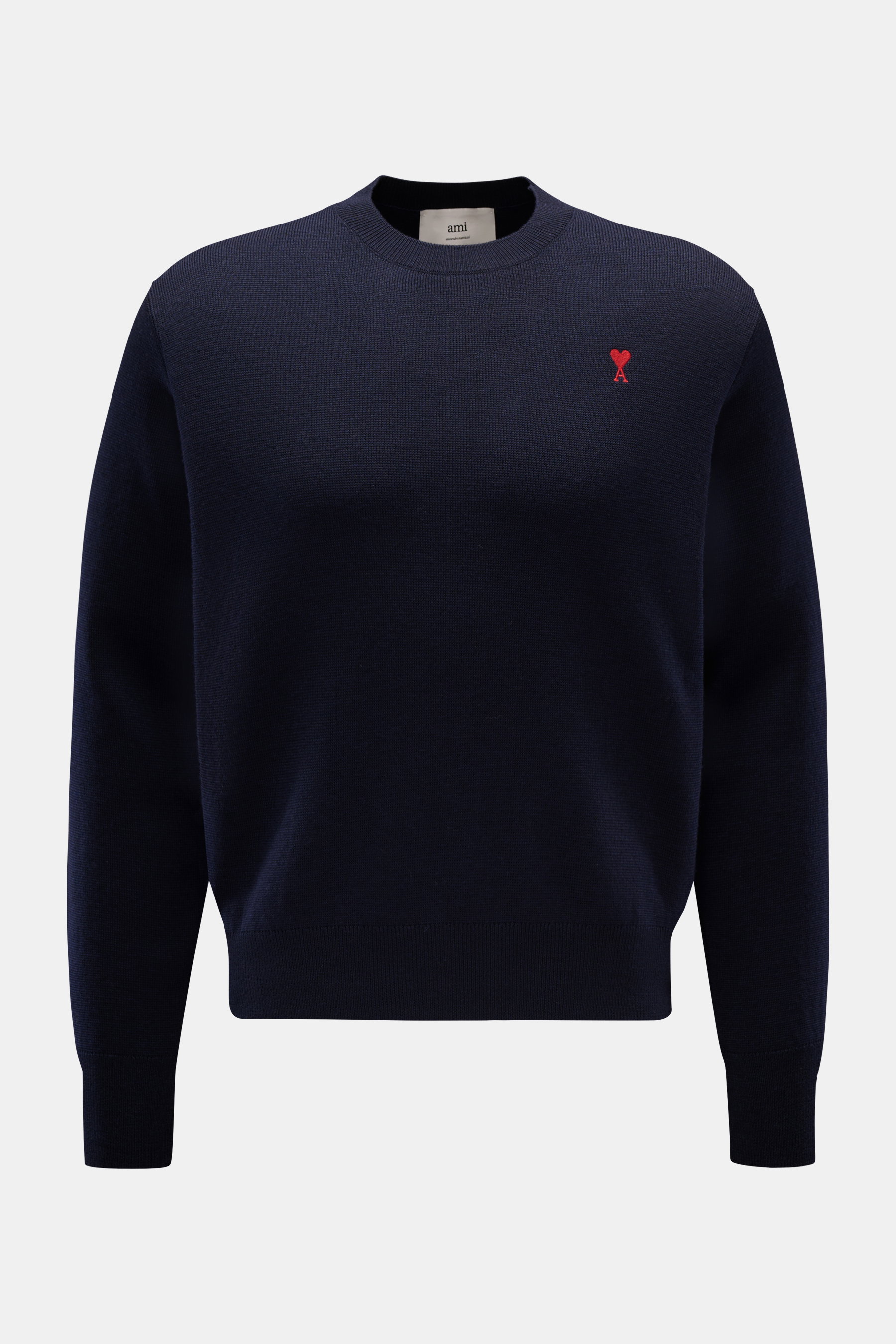 Ami Paris Merino Rundhalspullover navy, frontale Ansicht, lässige Silhouette, reine Merinowolle, weicher Griff, feines Strickbild, Rundhalsausschnitt, Sticklogo Brust.