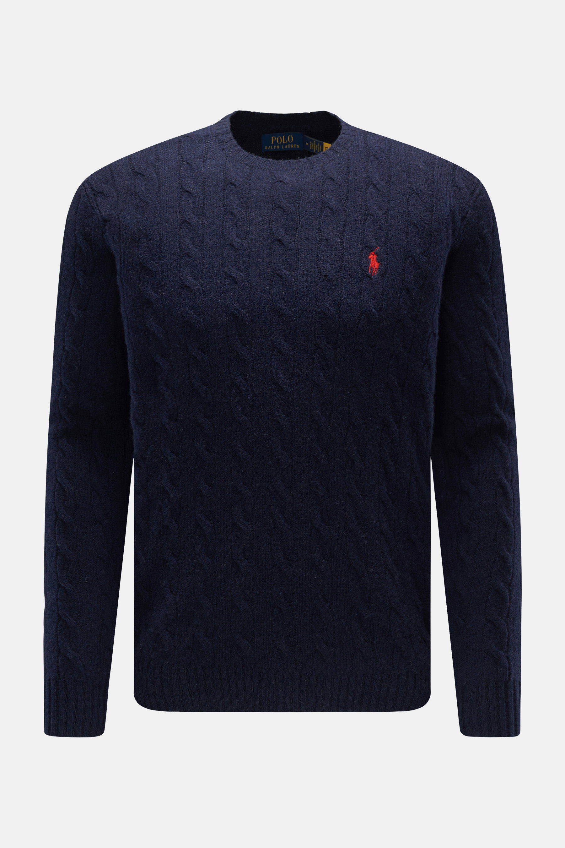 Polo Ralph Lauren Rundhalspullover dunkelblau, Slim Fit, aus Wolle und Cashmere mit Zopfmuster, Polospieler-Stitching, Rundhalsausschnitt, frontal fotografiert.