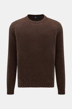 Fedeli Cashmere Rundhalspullover 'Argentina' dunkelbraun, frontal fotografiert, reiner Cashmere, weicher Griff, mittelgrobes Strickbild, Regular Fit, Rundhalsausschnitt, flexible Rippbündchen.