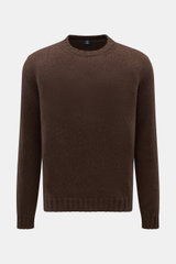 Fedeli Cashmere Rundhalspullover 'Argentina' dunkelbraun, frontal fotografiert, reiner Cashmere, weicher Griff, mittelgrobes Strickbild, Regular Fit, Rundhalsausschnitt, flexible Rippbündchen.
