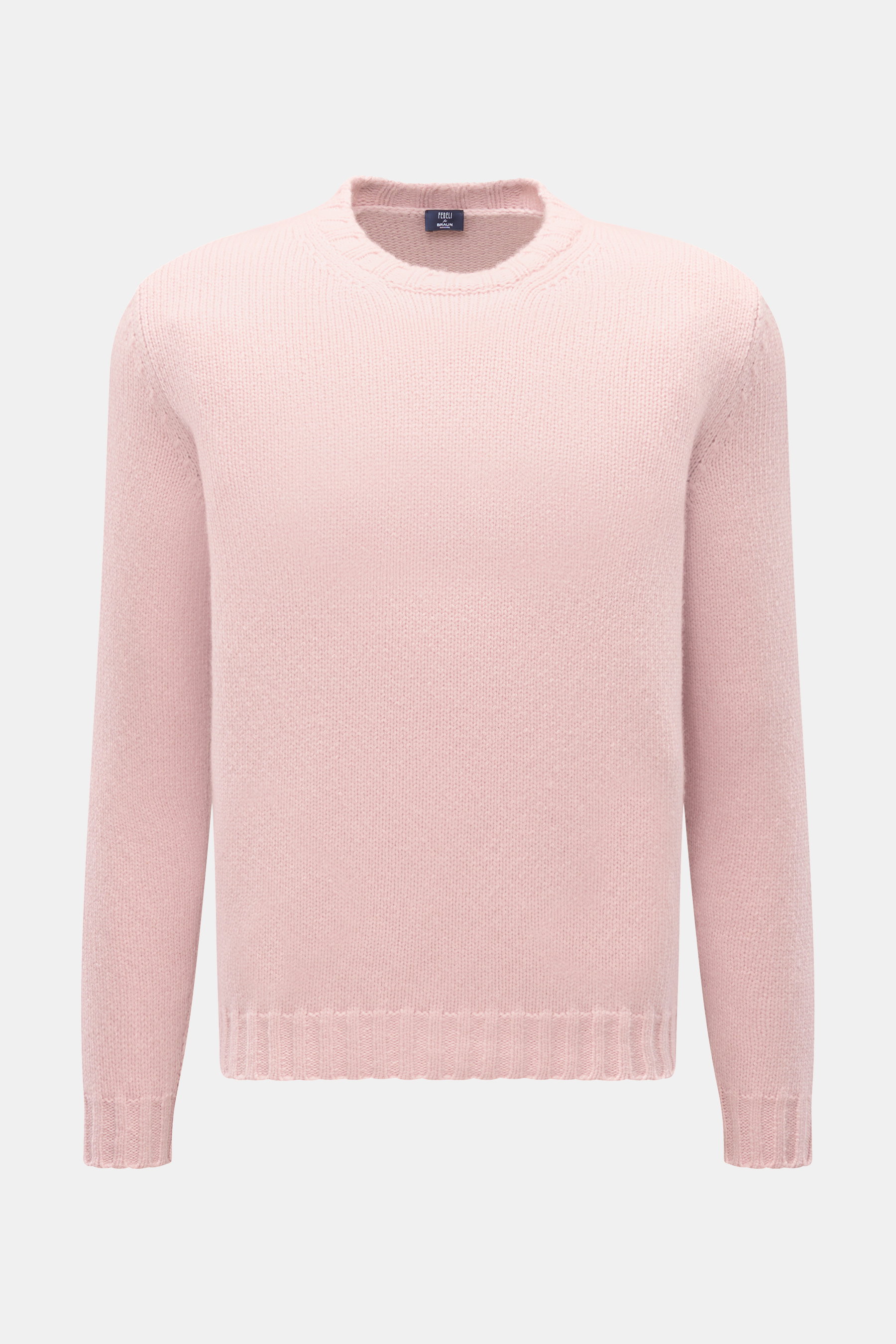 Fedeli Cashmere Rundhalspullover 'Argentina' rosé, frontale Aufnahme, reiner Cashmere, weicher Griff, mittelgrobes Strickbild, Regular Fit, Rundhalsausschnitt, flexible Rippbündchen.