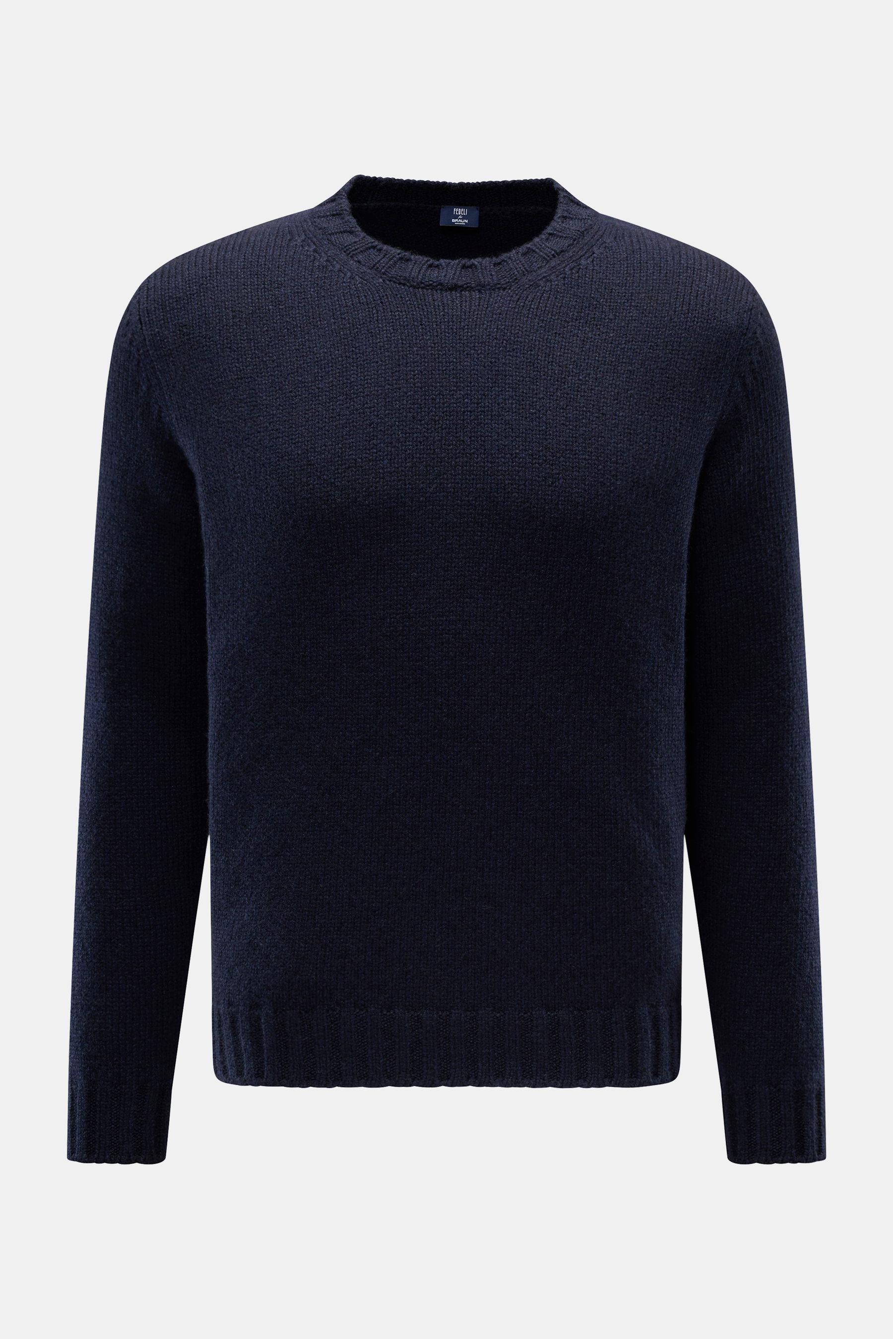 Fedeli Cashmere Rundhalspullover 'Argentina' navy, frontal fotografiert, aus reinem Cashmere, weich, mittleres Strickbild, Regular Fit, Rundhalsausschnitt, flexible Rippbündchen.