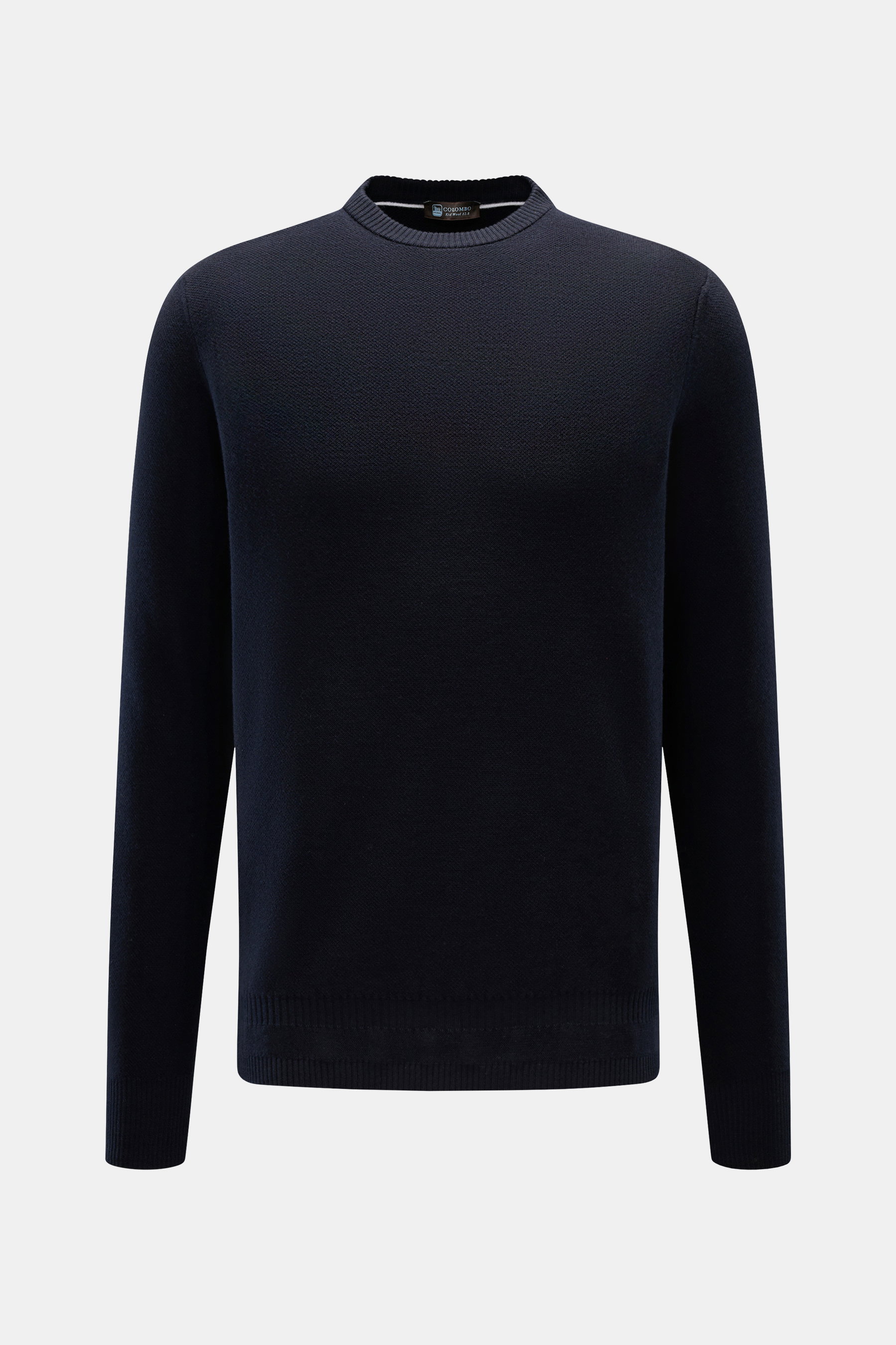 Colombo Rundhalspullover navy, frontale Ansicht, feiner Strukturstrick, reine Kid Wool, weicher Griff, Regular Fit, Rundhalsausschnitt, flexible Rippbündchen.