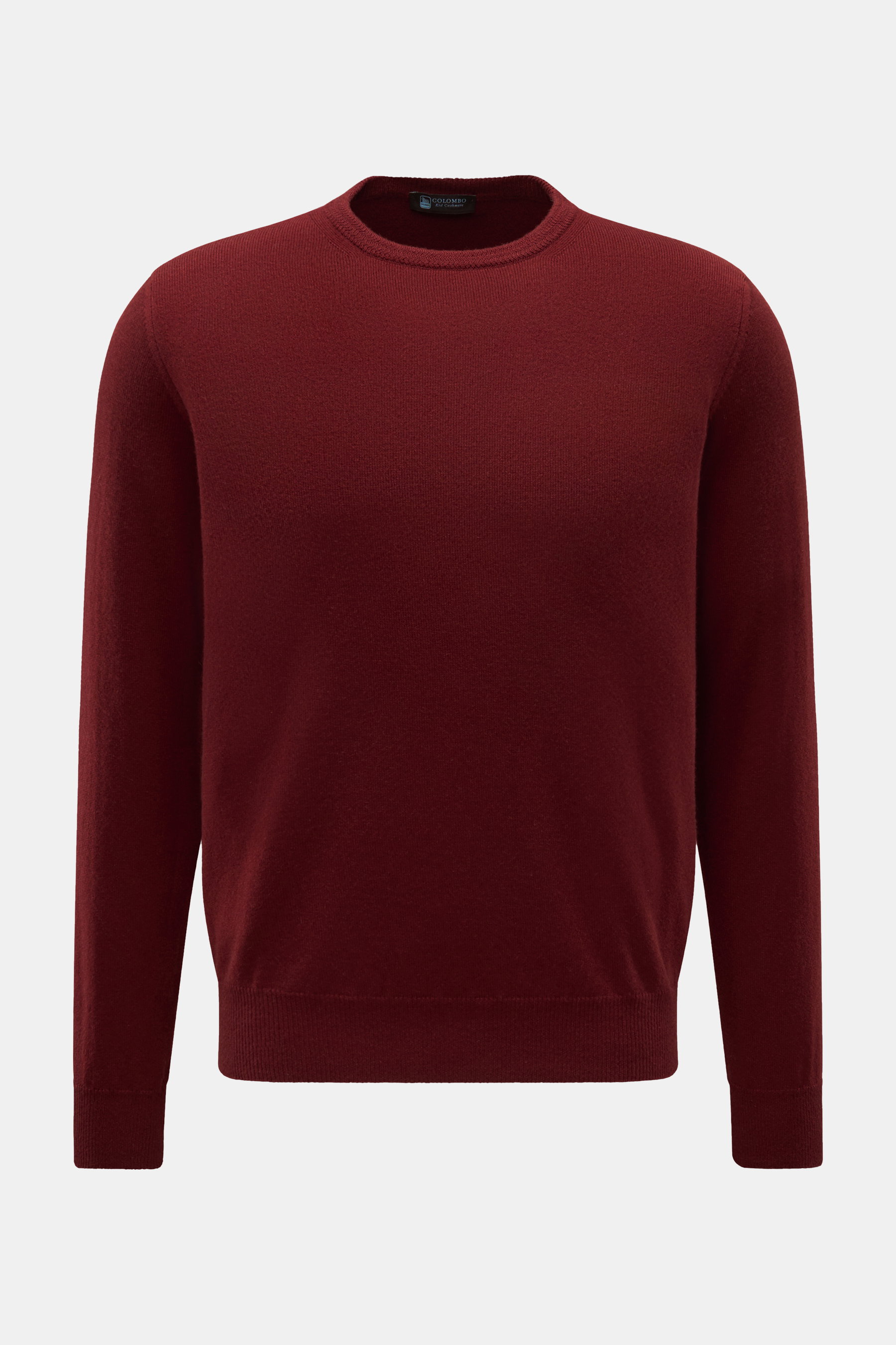 Colombo Cashmere Rundhalspullover bordeaux, frontal fotografiert, aus reinem Cashmere, weicher Griff, feines Strickbild, Regular Fit, Rundhalsausschnitt, flexible Rippbündchen, zeitloses Winter-Essential.