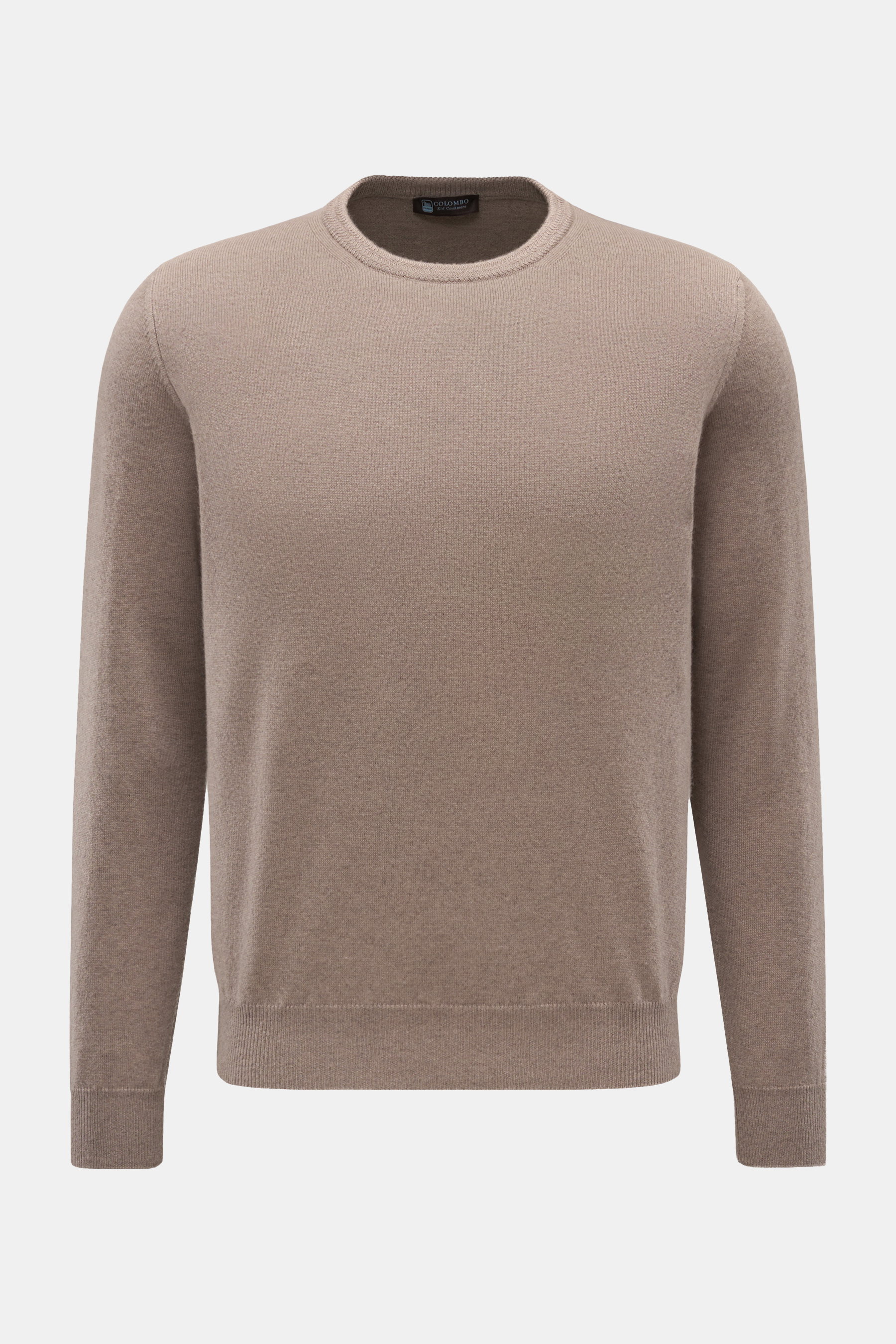 Colombo Cashmere Rundhalspullover taupe, Frontansicht, reiner Cashmere, weicher Griff, feines Strickbild, Regular Fit, Rundhalsausschnitt, flexible Rippbündchen