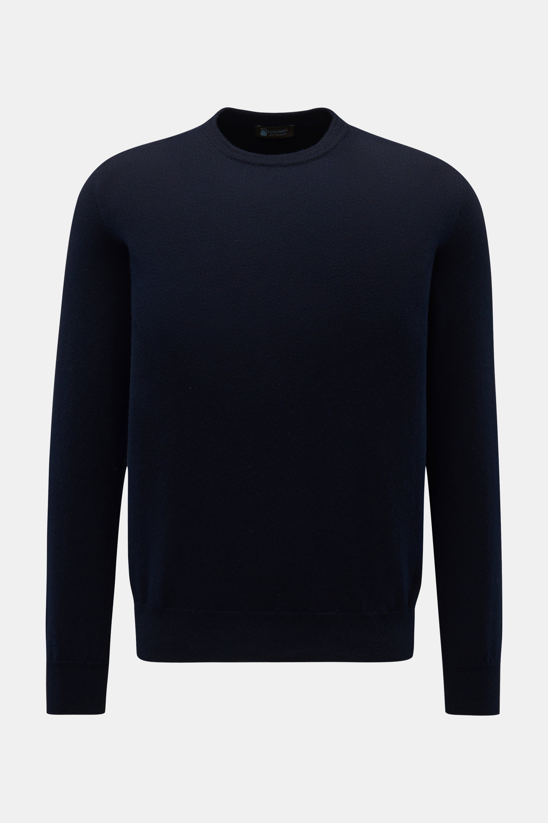 Colombo Cashmere Rundhalspullover navy, frontal fotografiert, Slim Fit, reiner Kid-Cashmere, sehr weicher Griff, feines Strickbild, Strukturstrick am Rundhalsausschnitt, komfortable Rippbündchen.