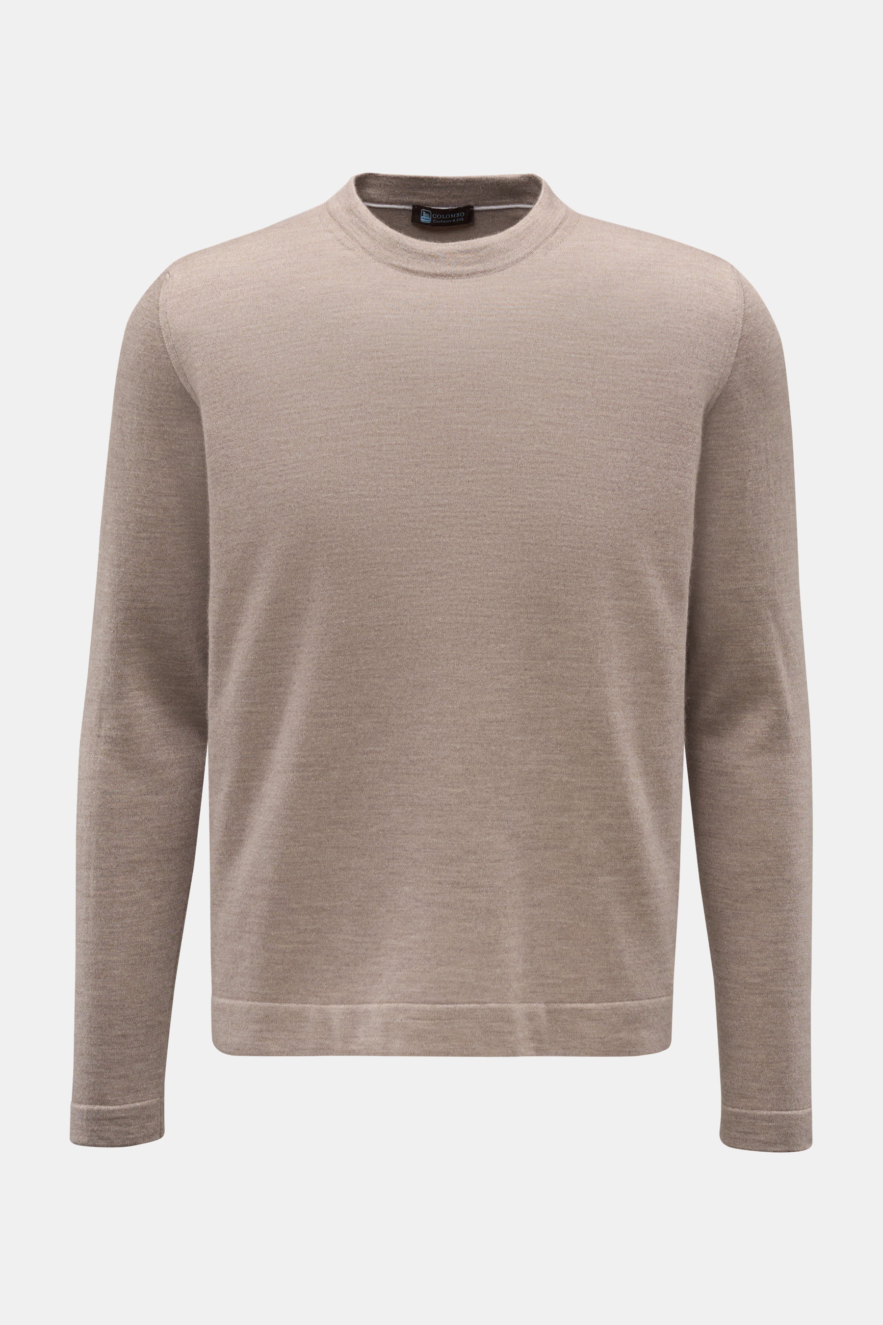 Colombo Rundhalspullover taupe meliert, Frontansicht, feiner Cashmere-Seide-Mix, weicher Griff, Regular Fit, doppelt gearbeitete Säume, feines Strickbild.