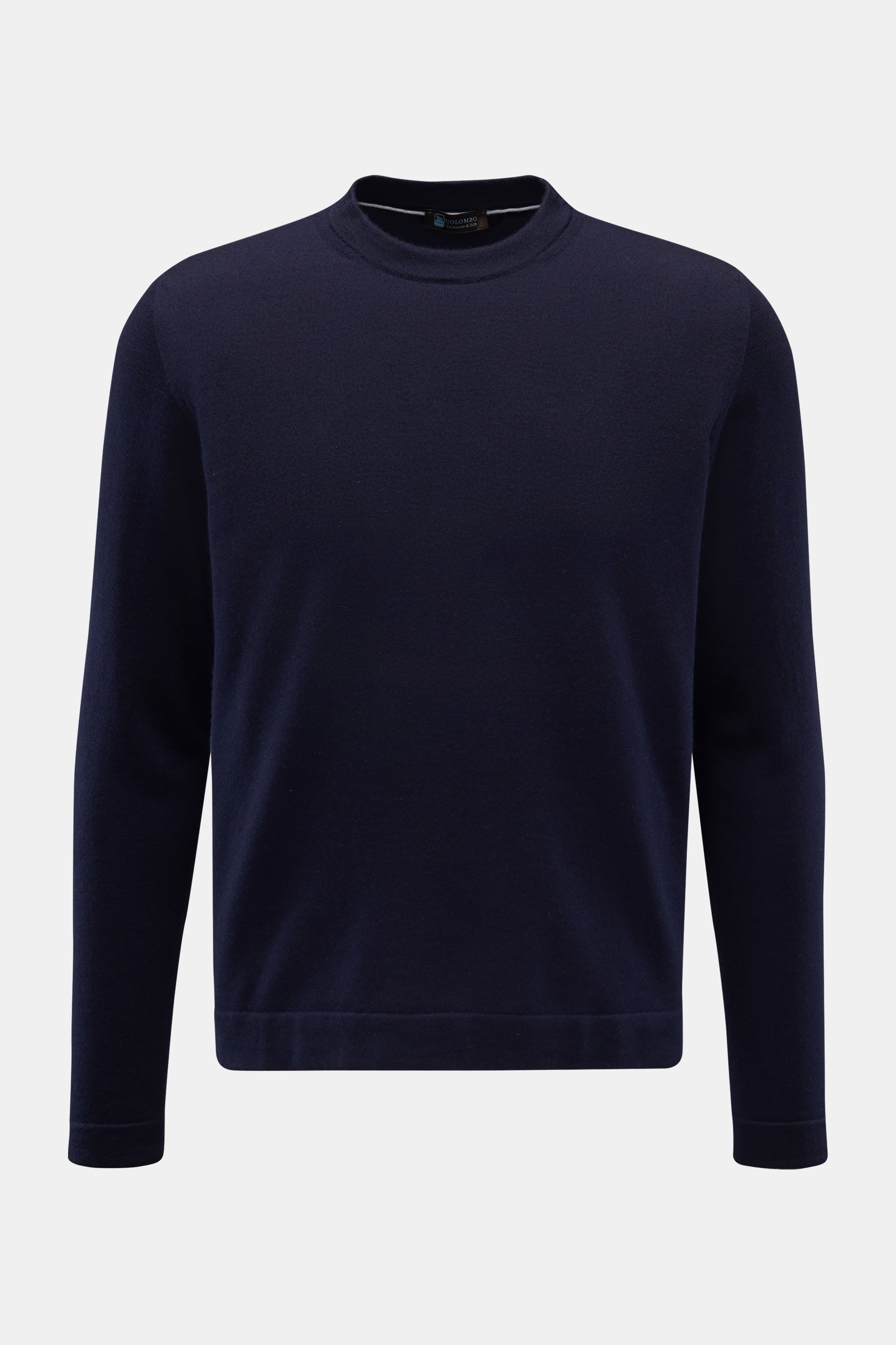 Colombo Rundhalspullover navy, frontal fotografiert, feiner Cashmere-Seide-Mix, Regular Fit, weicher Griff, doppelt gearbeitete Saumabschlüsse.