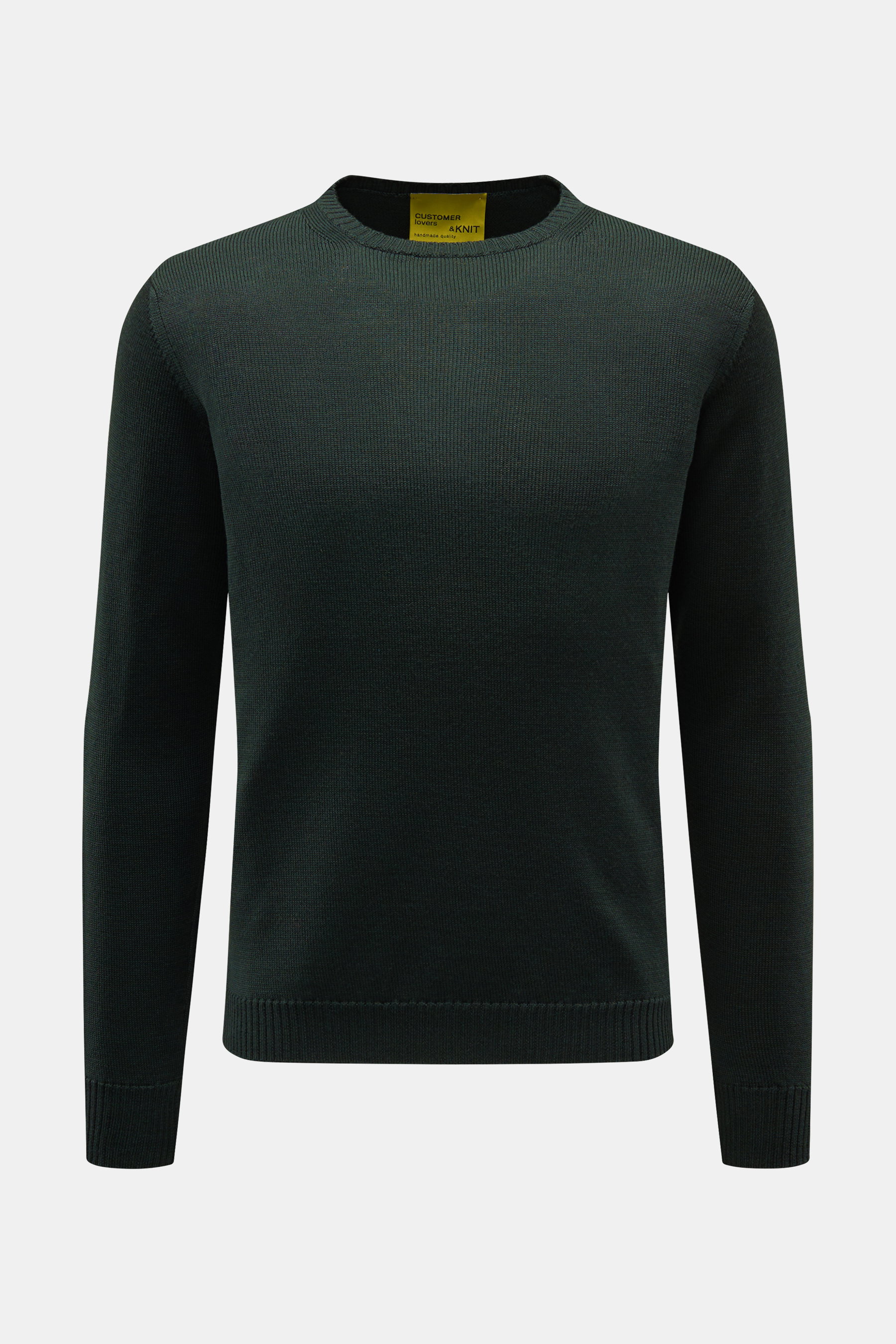 B.F. Knitwear Merino Rundhalspullover dunkelgrün, frontale Ansicht, Slim Fit, reine Merinowolle, weicher Griff, mittelgrobes Strickbild, Rundhalsausschnitt, flexible Rippstrick-Bündchen.