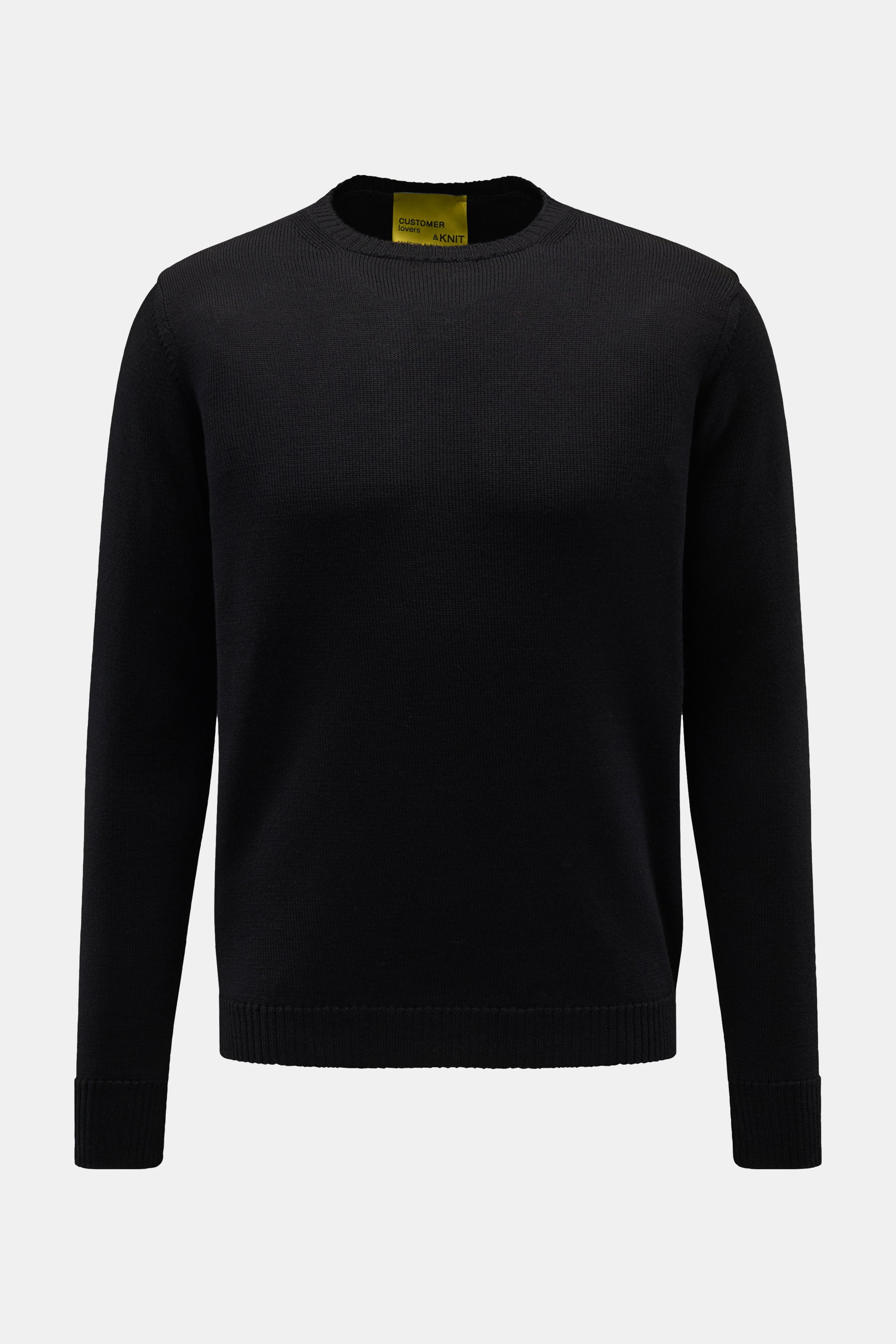 B.F. Knitwear Merino Rundhalspullover schwarz, frontal abgebildet, Slim Fit, reine Merinowolle, weicher Griff, mittelgrobes Strickbild, Rundhalsausschnitt, flexible Rippstrick-Bündchen.