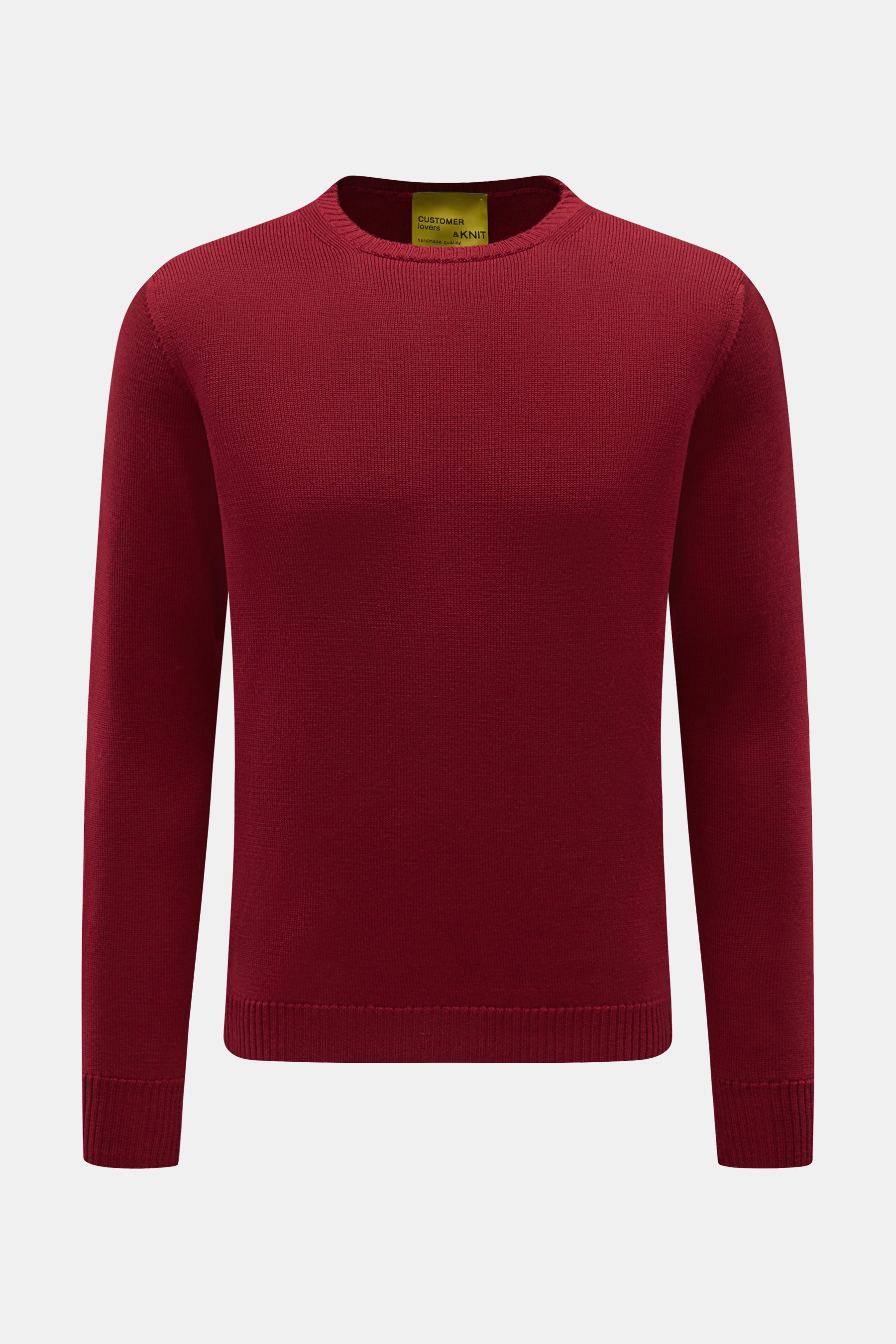 B.F. Knitwear Merino Rundhalspullover dunkelrot, frontal fotografiert, aus reiner Merinowolle, weicher Griff, mittelgrobes Strickbild, Slim Fit, Rundhalsausschnitt, flexible Rippstrick-Bündchen.