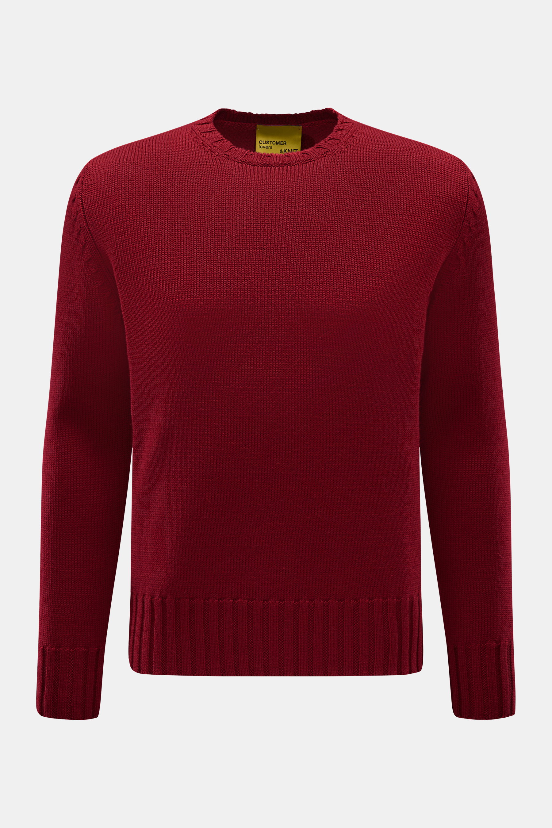 B.F. Knitwear Merino Rundhalspullover dunkelrot, frontal fotografiert, Slim Fit, reine Merinowolle, weicher Griff, mittelgrobes Strickbild, Rundhalsausschnitt, breite Rippstrick-Bündchen.