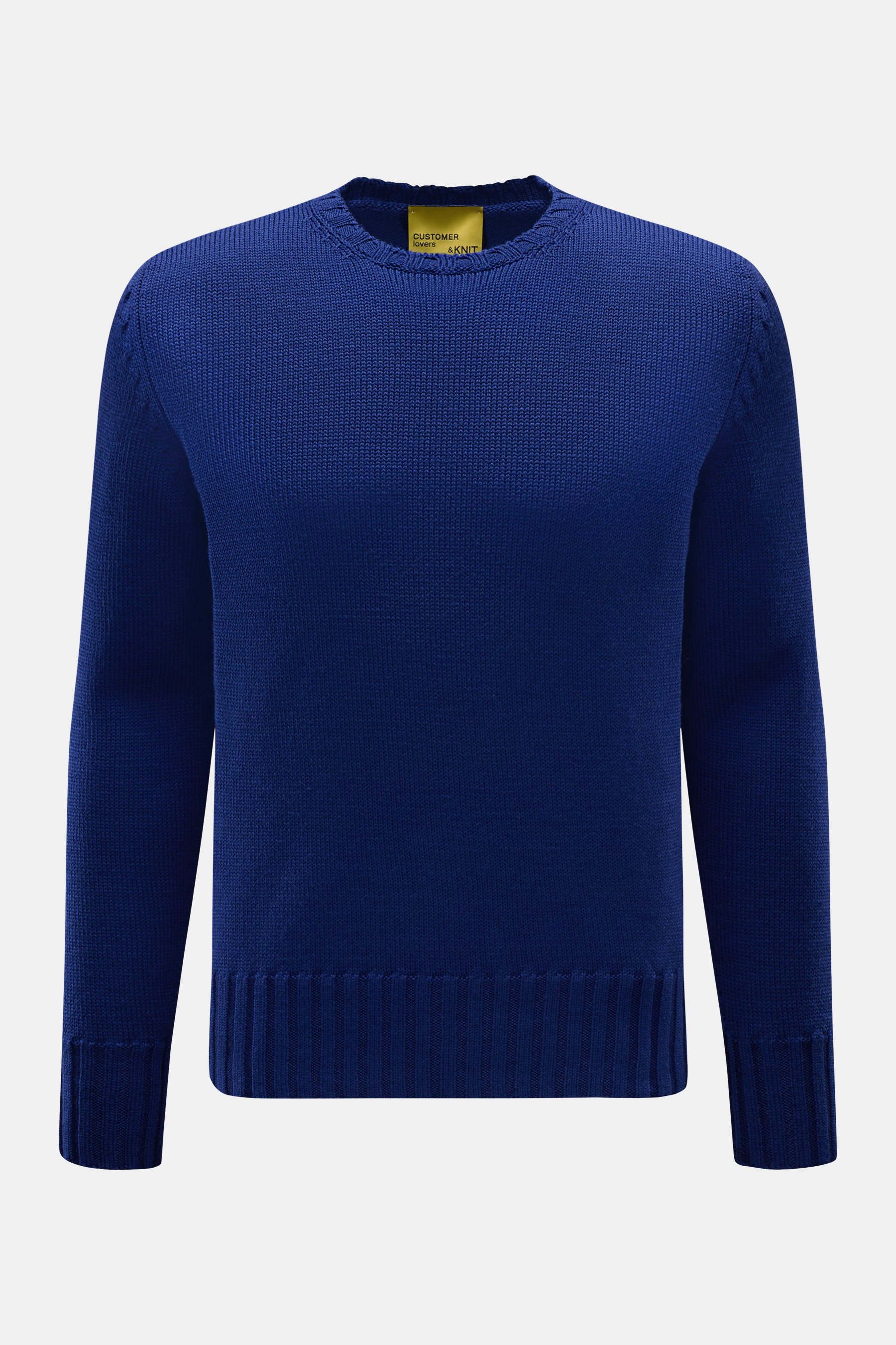 B.F. Knitwear Merino Rundhalspullover dunkelblau, frontal fotografiert, aus reiner Merinowolle, weicher Griff, mittelgrobes Strickbild, Slim Fit, Rundhalsausschnitt, breite Rippstrick-Bündchen.