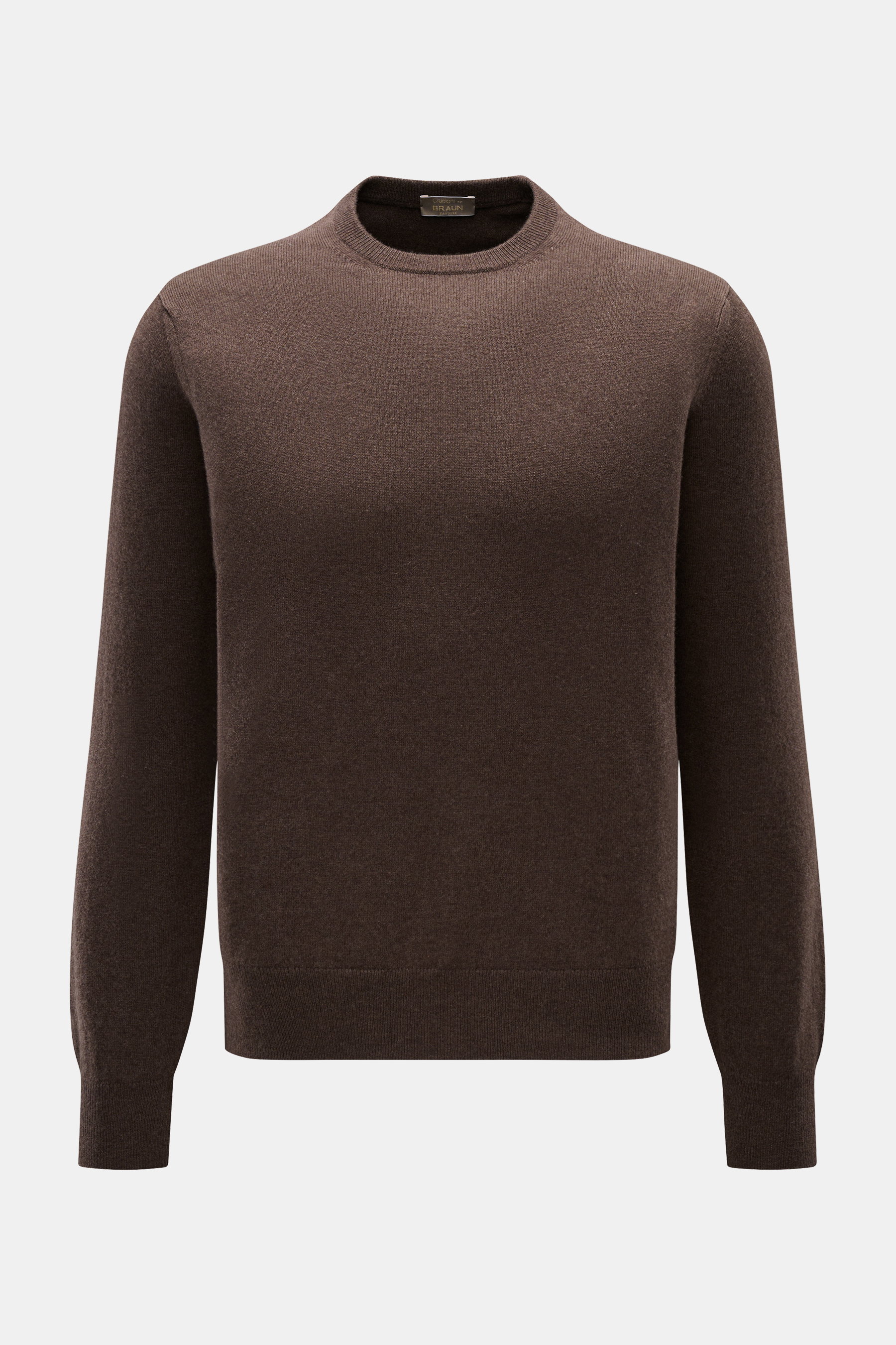 Cruciani Cashmere Rundhalspullover braun, frontale Ansicht, Slim Fit, reiner Cashmere, feines Strickbild, Rundhalsausschnitt, elastische Rippstrickbündchen.