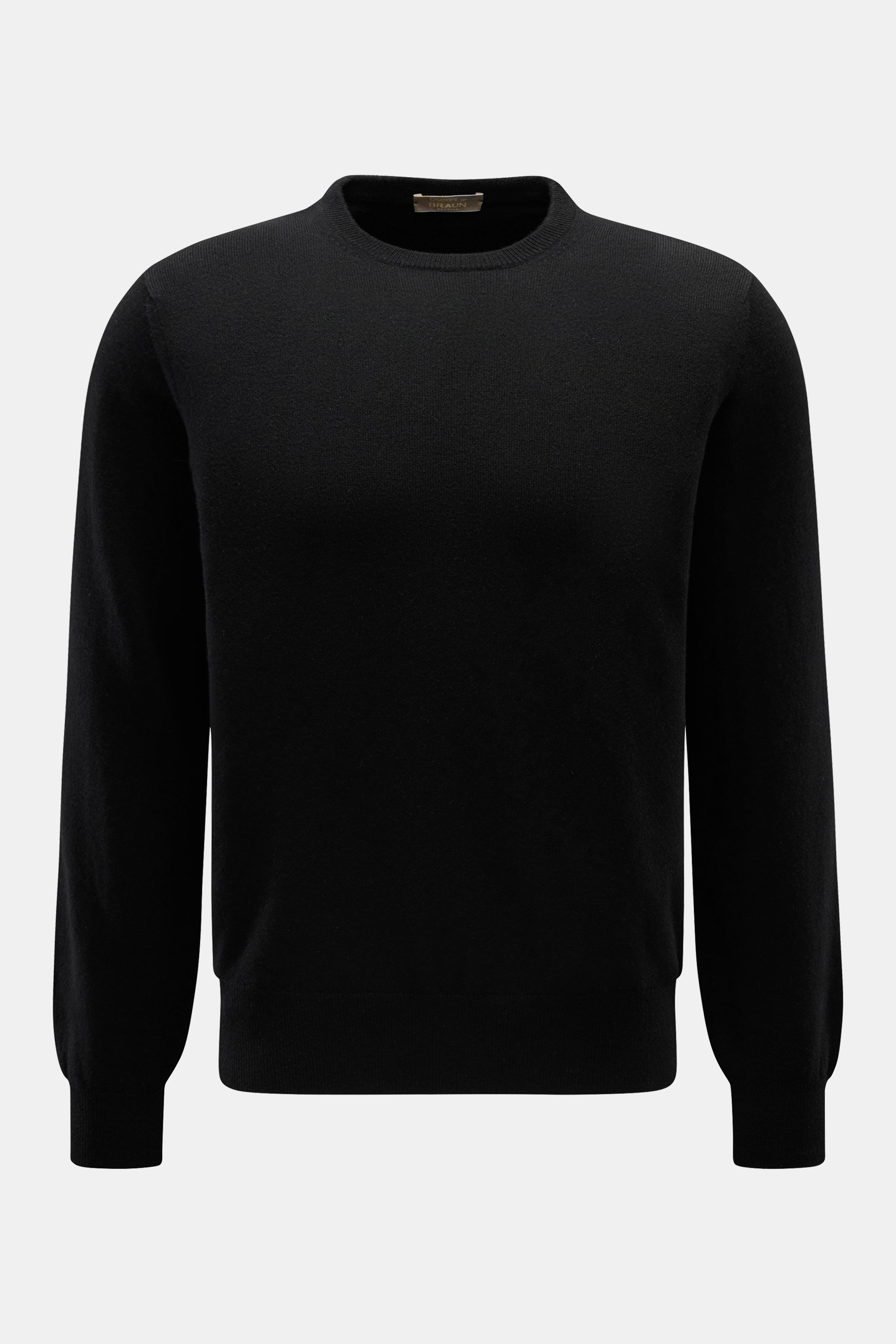 Cruciani Cashmere Rundhalspullover schwarz, Slim Fit, aus feinem, geschmeidigem Strick mit Rundhalsausschnitt, elastischen Bündchen, frontal fotografiert.