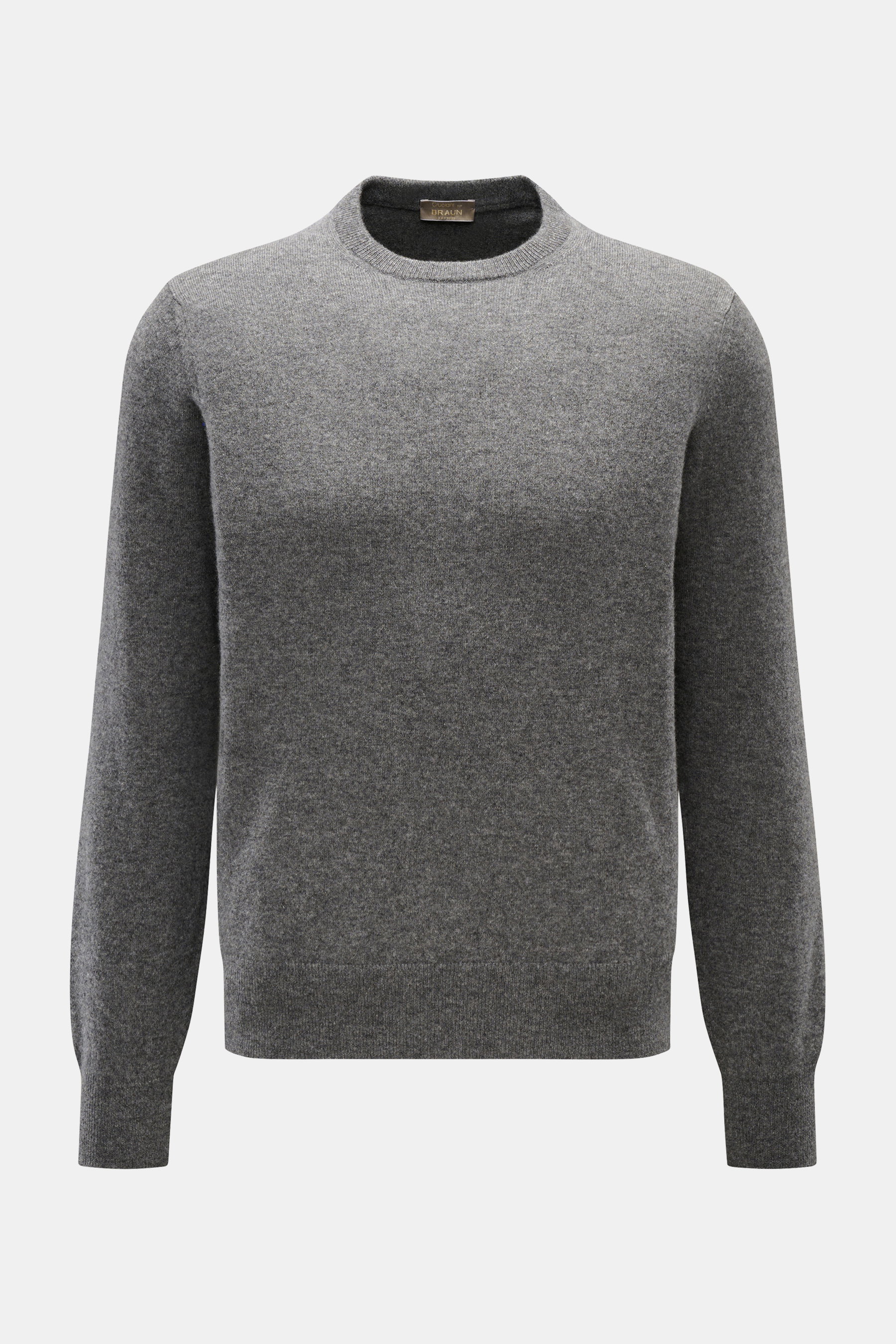 Cruciani Cashmere Rundhalspullover dunkelgrau meliert, frontal fotografiert, Slim Fit, reiner Cashmere, feines Strickbild, Rundhalsausschnitt, elastische Rippbündchen, geschmeidig.