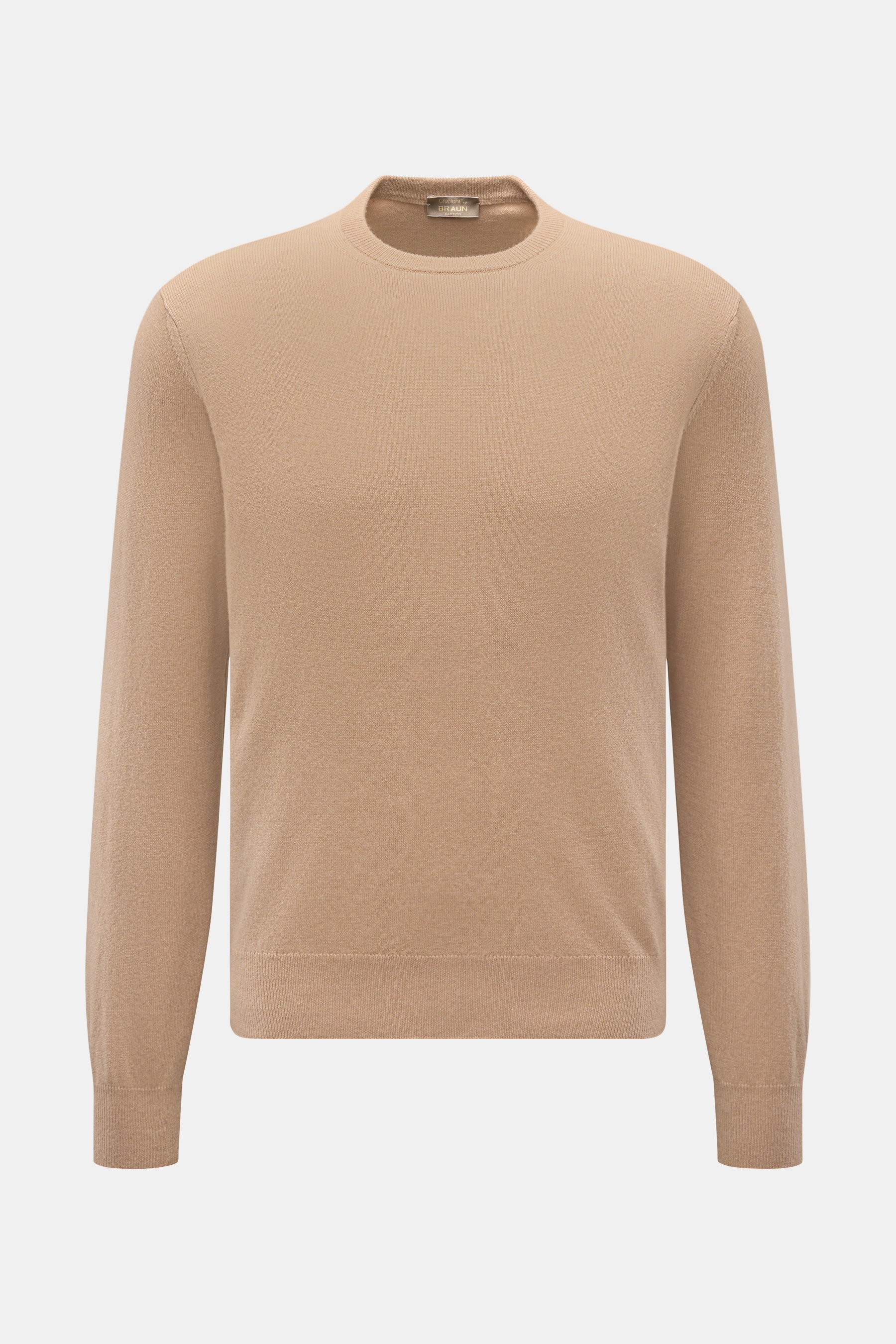 Cruciani Cashmere Rundhalspullover beige, frontale Ansicht, Slim Fit, reiner Cashmere, feines Strickbild, Rundhalsausschnitt, elastische Rippstrickbündchen.