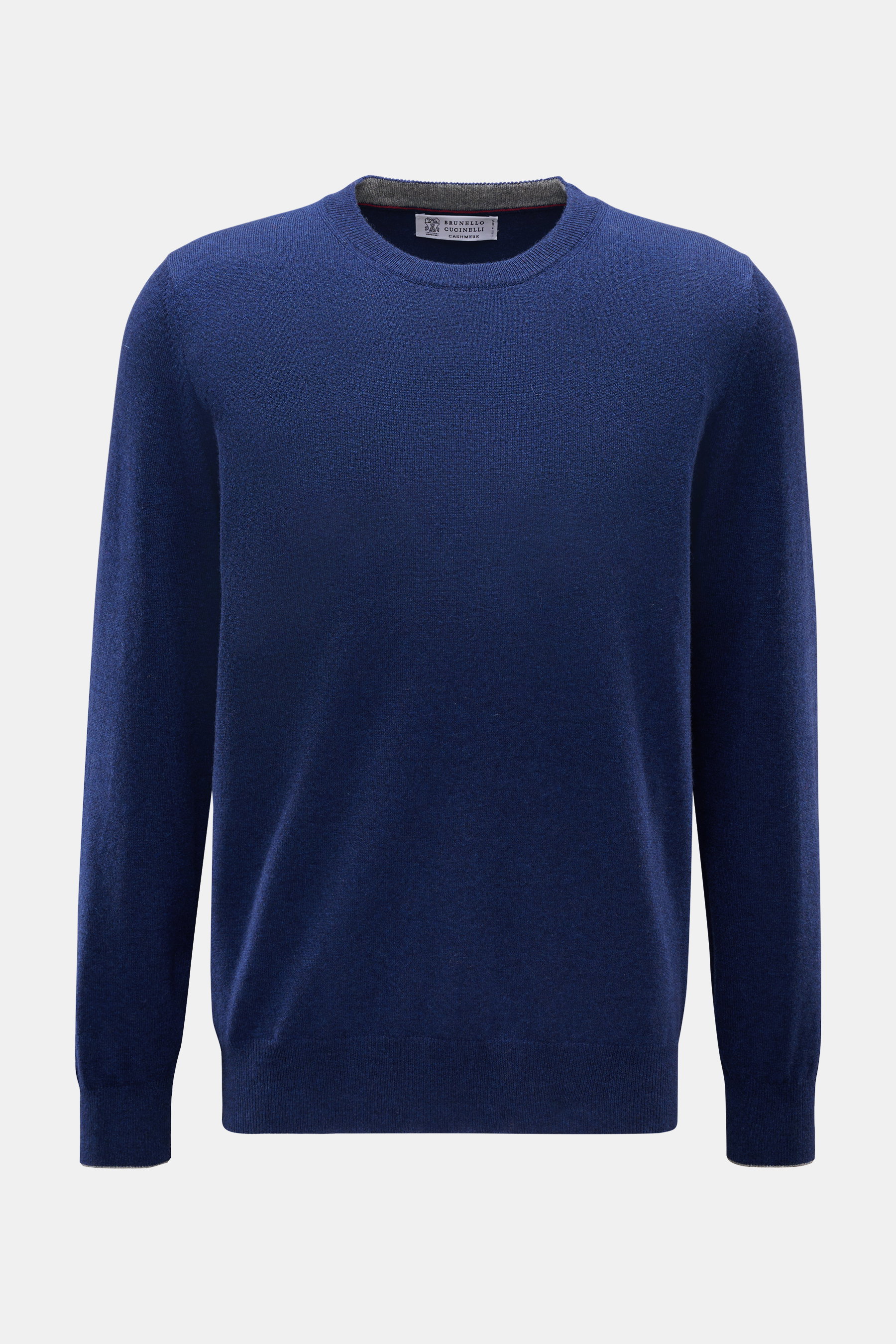 Brunello Cucinelli Cashmere Rundhalspullover dunkelblau, frontal fotografiert, Regular Fit, reiner Cashmere, weicher Griff, feines Strickbild, Kontrastkanten, flexible Rippbündchen.