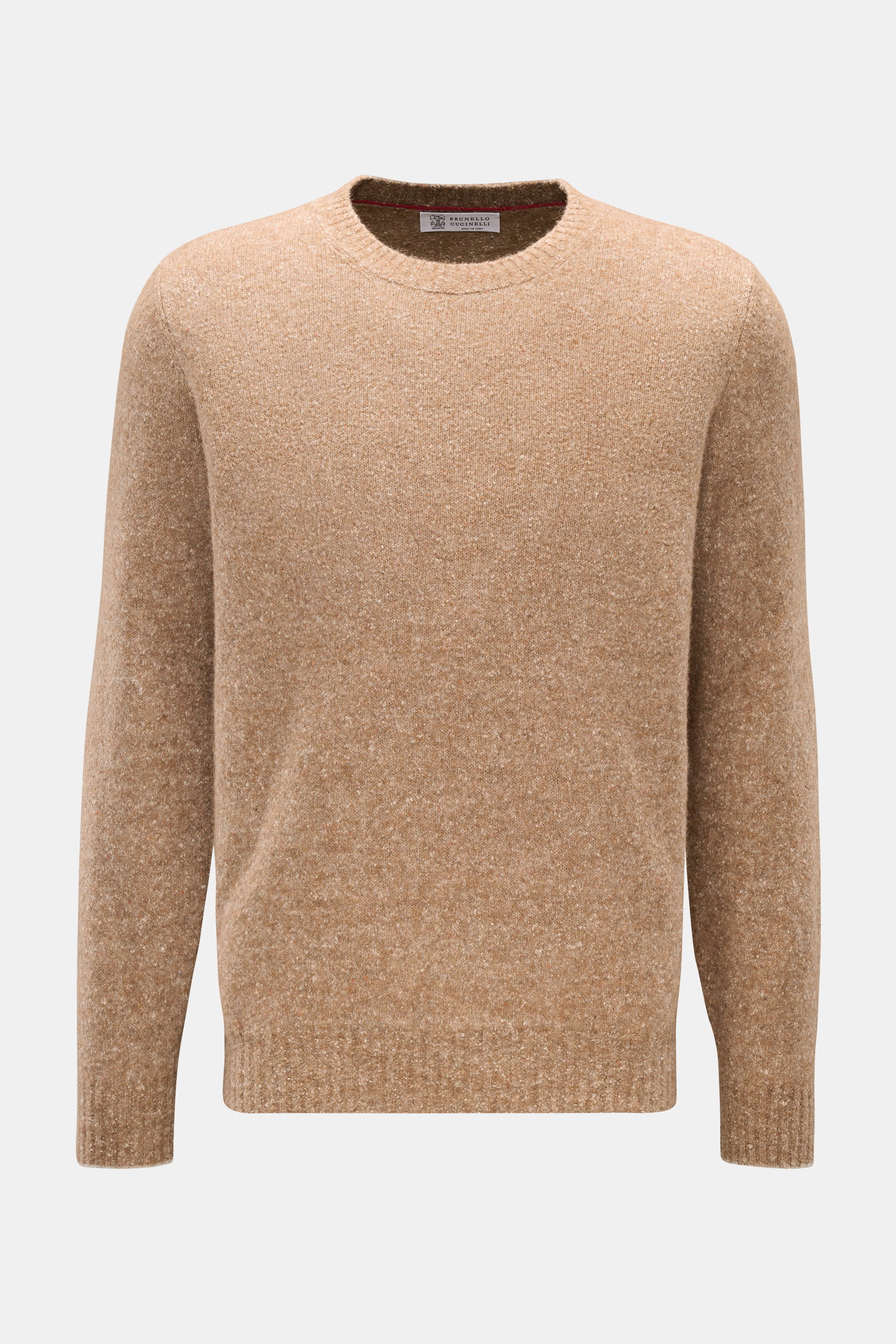 Brunello Cucinelli Rundhalspullover hellbraun/creme meliert, frontale Nahaufnahme, Mix aus Alpakawolle, Seide, Wolle, Regular Fit, mittelfeines Strickbild, flexible Rippbündchen.