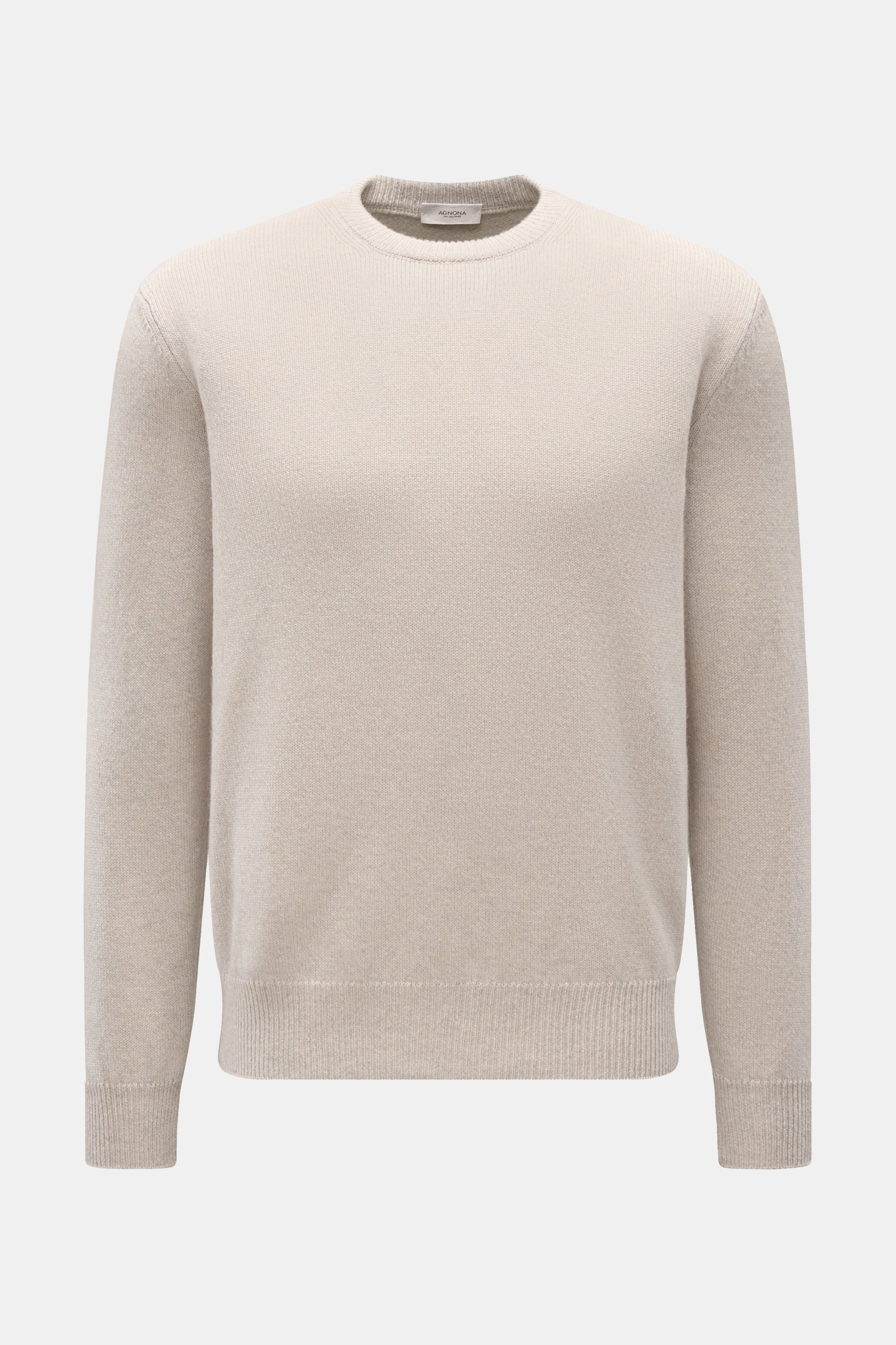 Agnona Cashmere Rundhalspullover sand meliert, frontal fotografiert, reiner Cashmere, weicher Griff, feines Strickbild, Regular Fit, Rundhalsausschnitt, flexible Rippbündchen, kleines Metall-Logo.