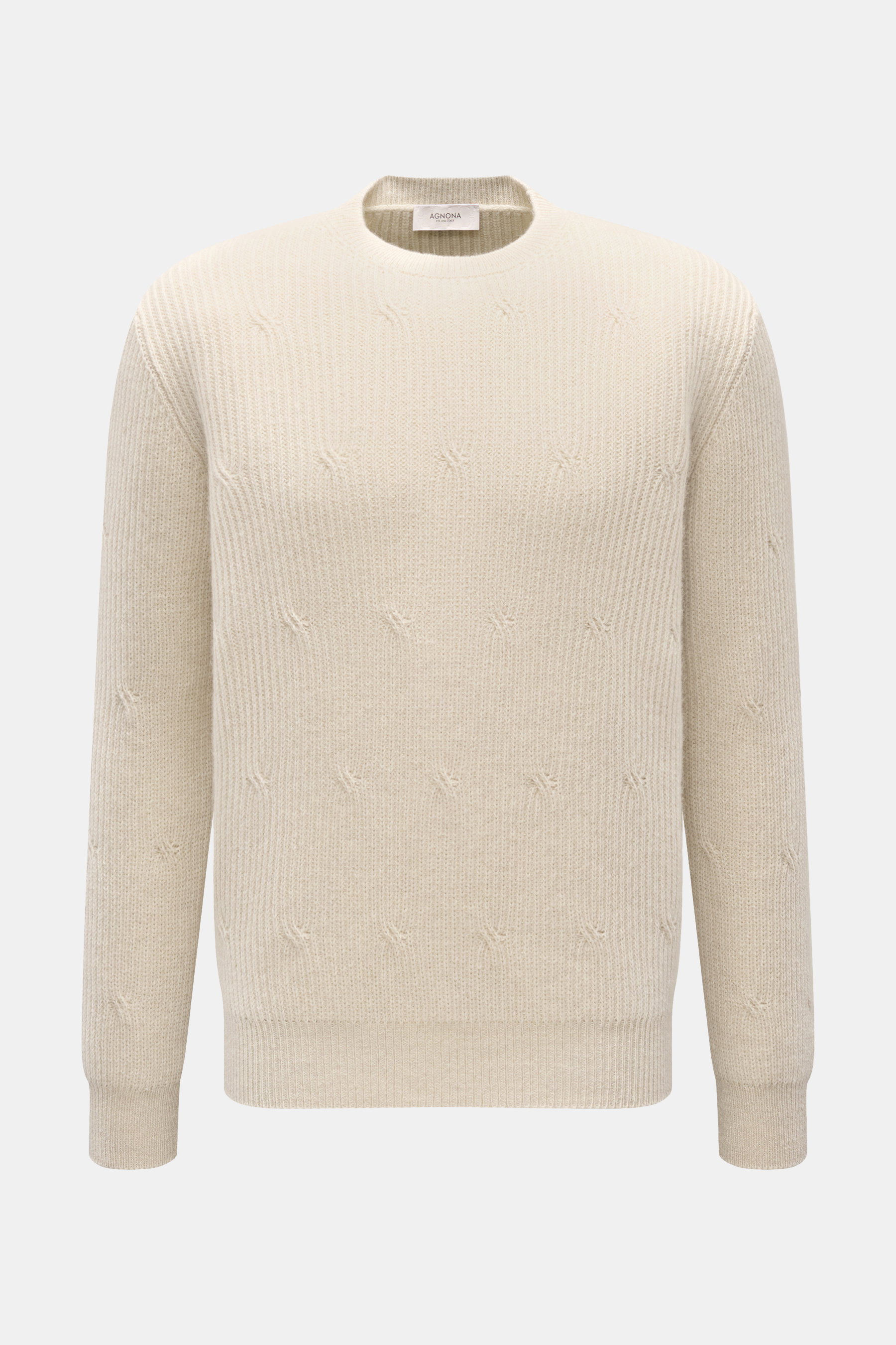 Agnona Rundhalspullover creme, frontal fotografiert, mit grobem Patent-Strickmuster, Rundhalsausschnitt, Rippbündchen, Metall-Logo, aus Cashmere, Wolle und Seide, Regular Fit, weich.