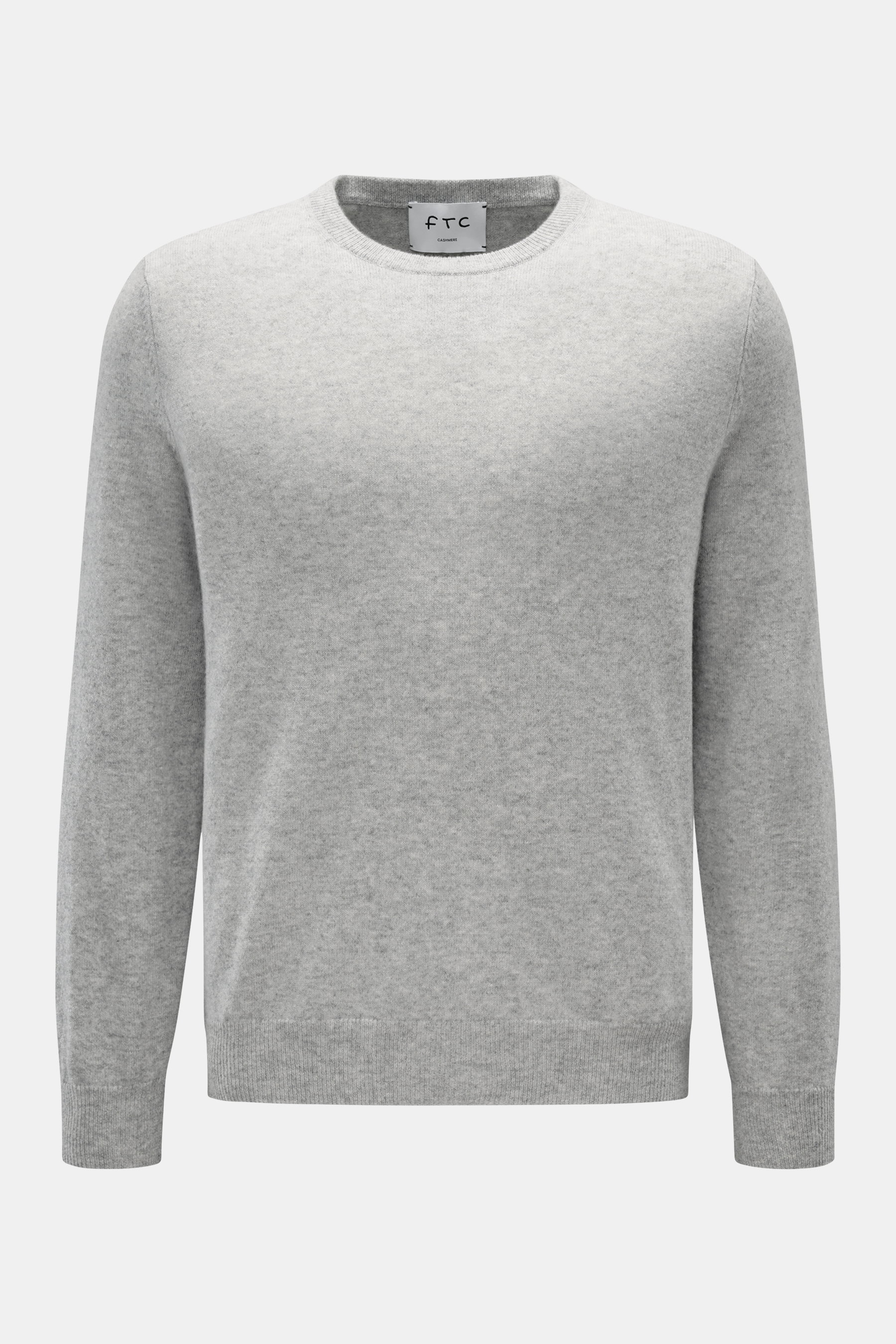 FTC Cashmere Rundhalspullover grau meliert, frontal fotografiert, Slim Fit, reiner Cashmere, sehr weich, feines Strickbild, Rundhalsausschnitt, Rippbündchen.
