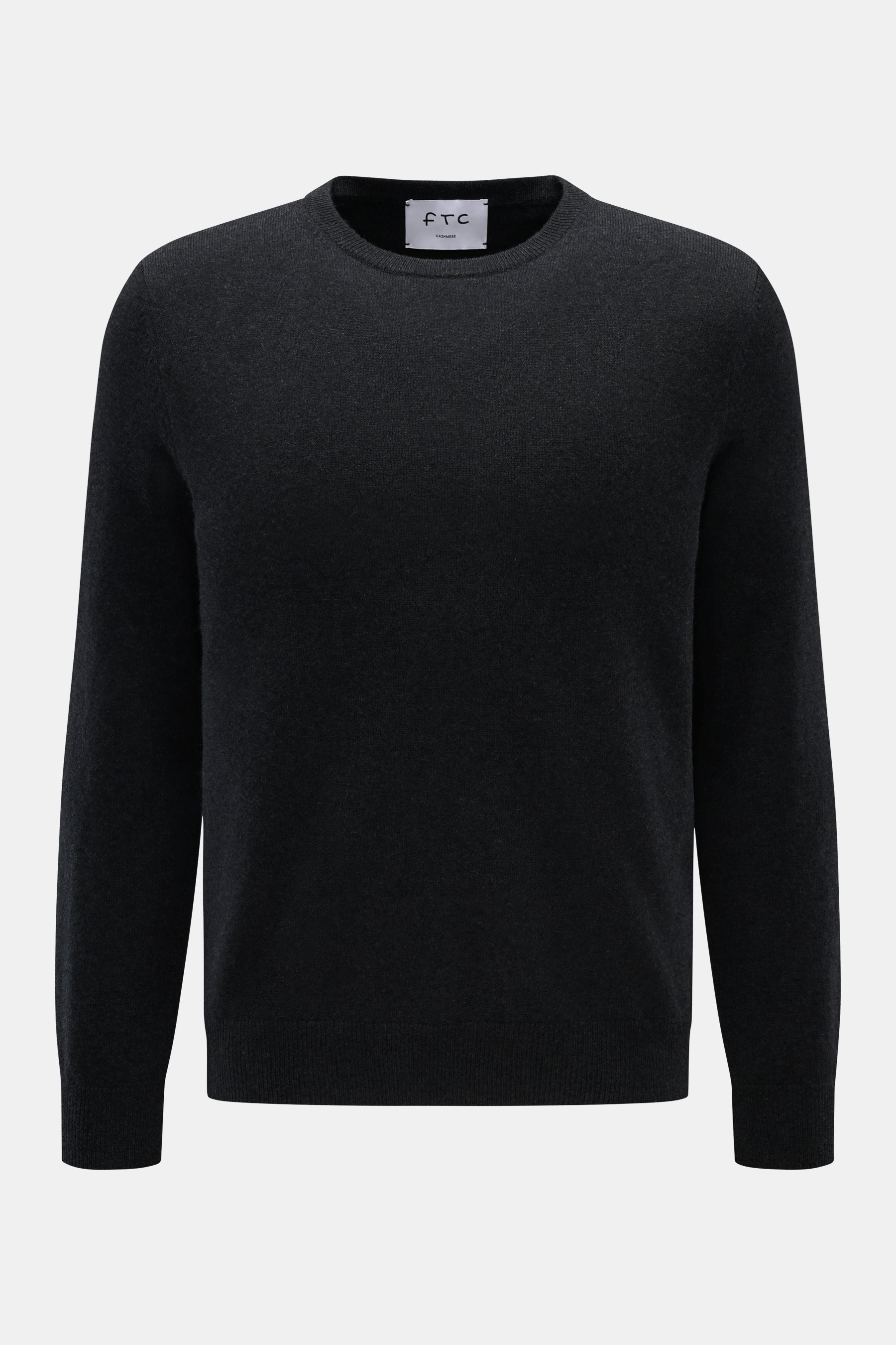 FTC Cashmere Rundhalspullover anthrazit, frontal fotografiert, Slim Fit, reiner Cashmere, sehr weicher Griff, feines Strickbild, Rundhalsausschnitt, Rippbündchen.