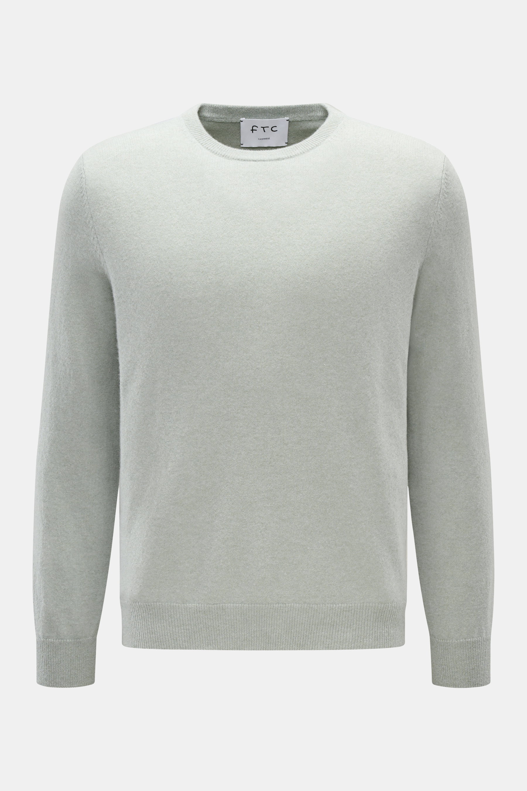FTC Cashmere Rundhalspullover graugrün, Slim Fit, reiner Cashmere, feines Strickbild, Rundhalsausschnitt, Rippbündchen, Frontansicht, sehr weich.