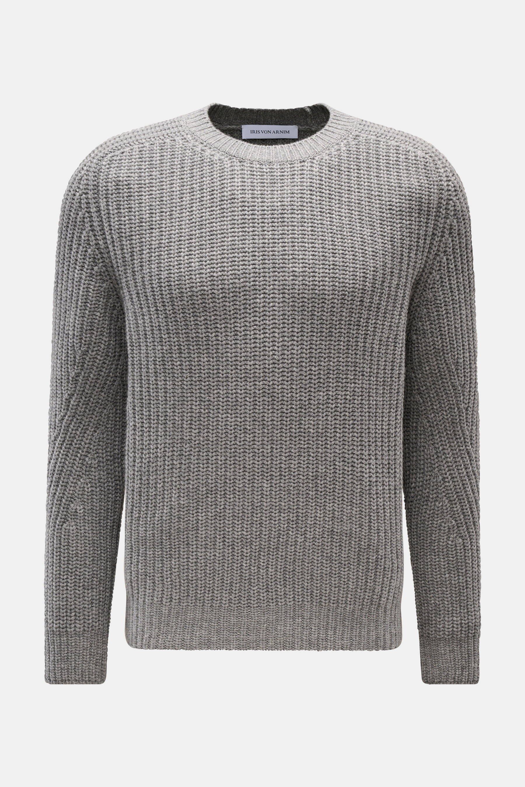 Iris von Arnim Uomo Cashmere Rundhalspullover 'Arlington' grau meliert, frontale Nahaufnahme, voluminöser Patentstrick, Slim Fit, Rundhalsausschnitt, weicher Griff, Rippbündchen.