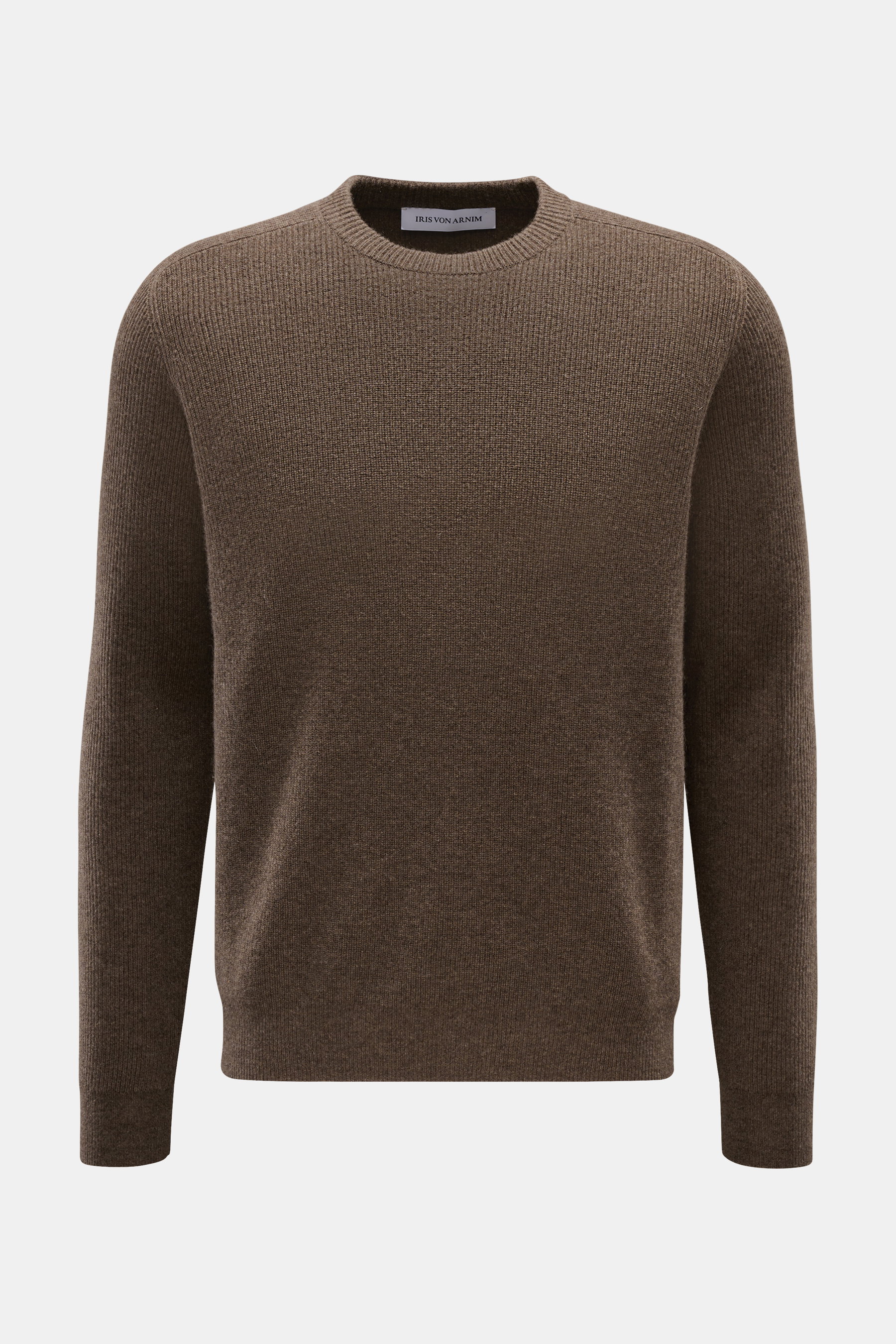 Iris von Arnim Uomo Cashmere Rundhalspullover 'Willy' graubraun meliert, Frontansicht, reiner Cashmere, sehr weicher Griff, mittelfeines Strickbild, Patent-Strickmuster, Regular Fit, Rundhalsausschnitt, komfortable Rippbündchen.