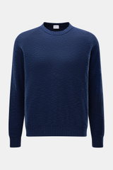 Front view of the 04651/ A trip in a bag Crew neck jumper navy, made from pure cotton with a soft feel and flammé effect.

Description:
<p>Ideal for warmer days: This crew neck jumper, made from pure cotton by 04651/ A TRIP IN A BAG, is the perfect staple