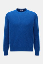 Front view of the 04651/ A trip in a bag Crew neck jumper blue, made from pure cotton with a soft feel, fine knit, and flammé effect, featuring a regular fit, crew neck, and stretchy knit bands, ideal for warmer days in spring.
