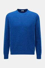 Front view of the 04651/ A trip in a bag Crew neck jumper blue, made from pure cotton with a soft feel, fine knit, and flammé effect, featuring a regular fit, crew neck, and stretchy knit bands, ideal for warmer days in spring.
