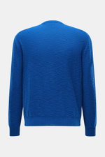 Rear view of 04651/ A trip in a bag Crew neck jumper blue, showing fine knit pure cotton fabric with flammé effect, stretchy knit bands, and regular fit.

Description: <p>Ideal for warmer days: This crew neck jumper, made from pure cotton by 04651/ A TRIP