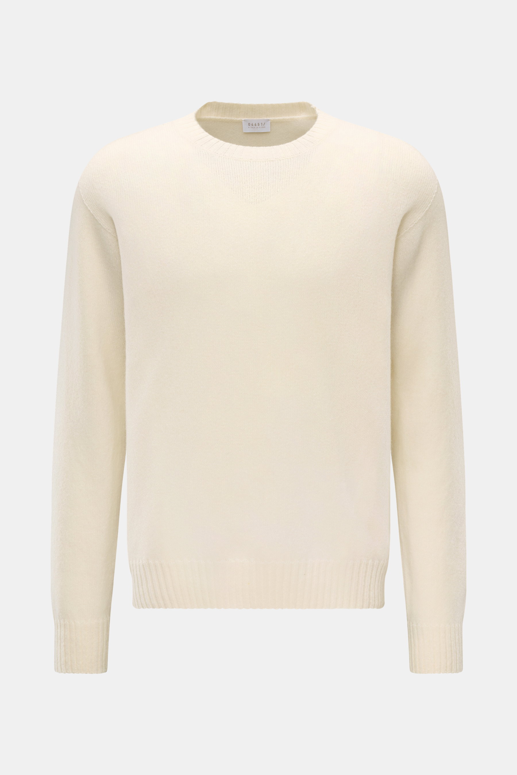 04651/ A trip in a bag Cashmere Rundhalspullover 'Extreme Cashmere Crew' creme, Frontansicht, reiner Cashmere, feiner Strick, Rundhalsausschnitt, Regular Fit, flexible Rippbündchen.