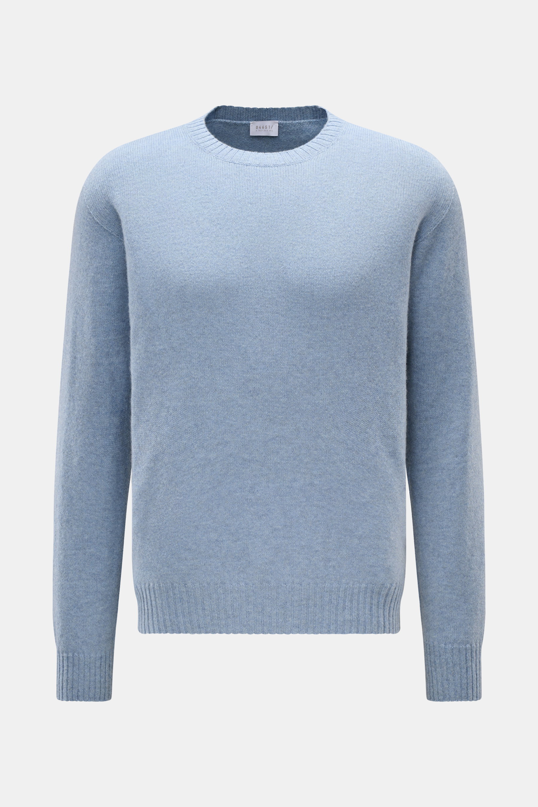 04651/ A trip in a bag Cashmere Rundhalspullover 'Extreme Cashmere Crew' rauchblau meliert, Frontansicht, reiner Cashmere, feines Strickbild, Regular Fit, Rundhalsausschnitt, flexible Rippbündchen.