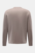Back view of 04651/ A trip in a bag Crew neck jumper 'Ultimate' grey, photographed straight on, casual and comfortable for cold days, pure wool, soft feel, fine knit, regular fit, crew neck, double-layered seams.