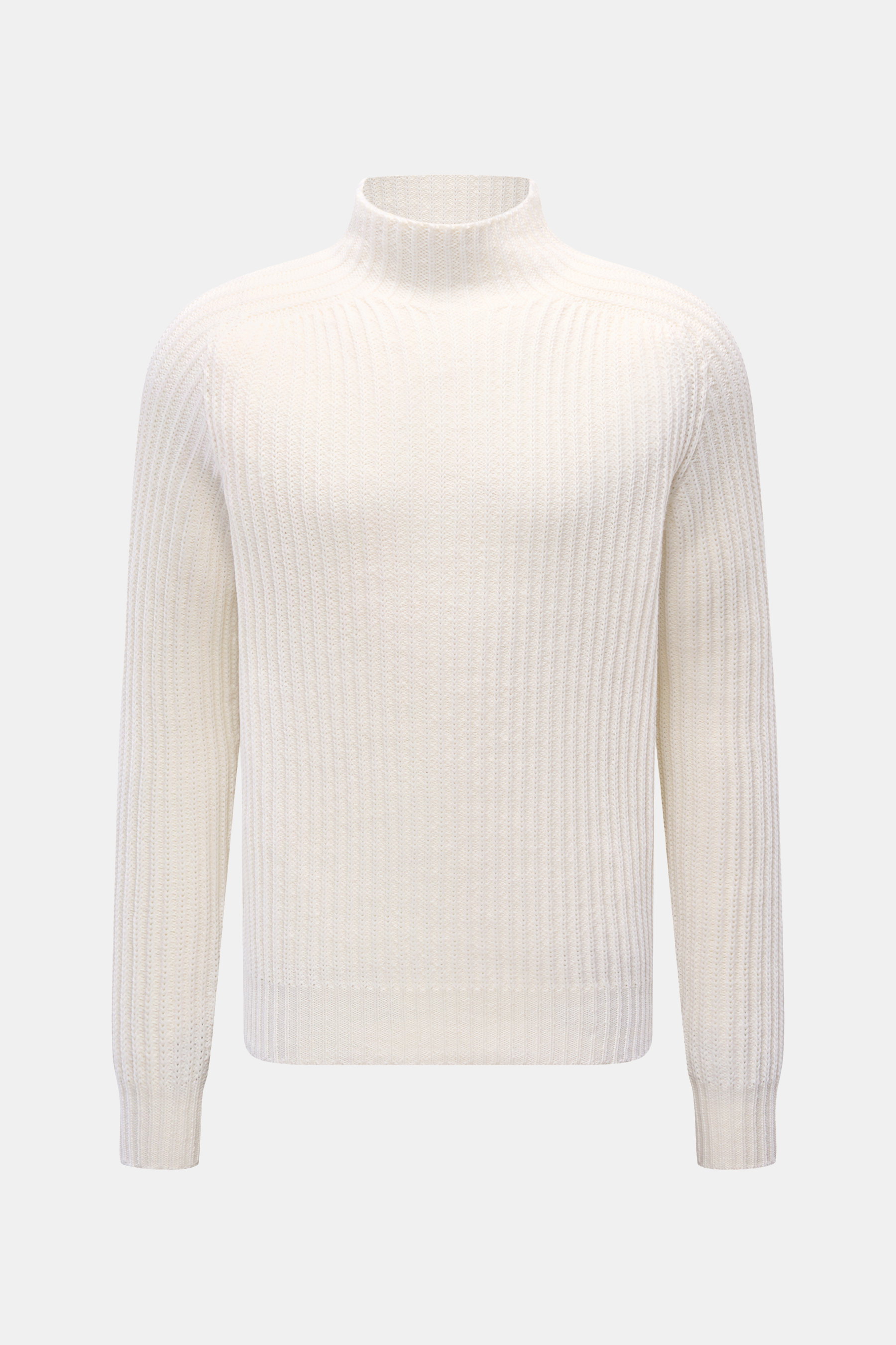 04651/ A trip in a bag Mock Neck Pullover 'Foggy Mock' offwhite, frontale Ansicht, Slim Fit, Stehkragen, grobes Rippstrickmuster, reine Wolle, weicher Griff.