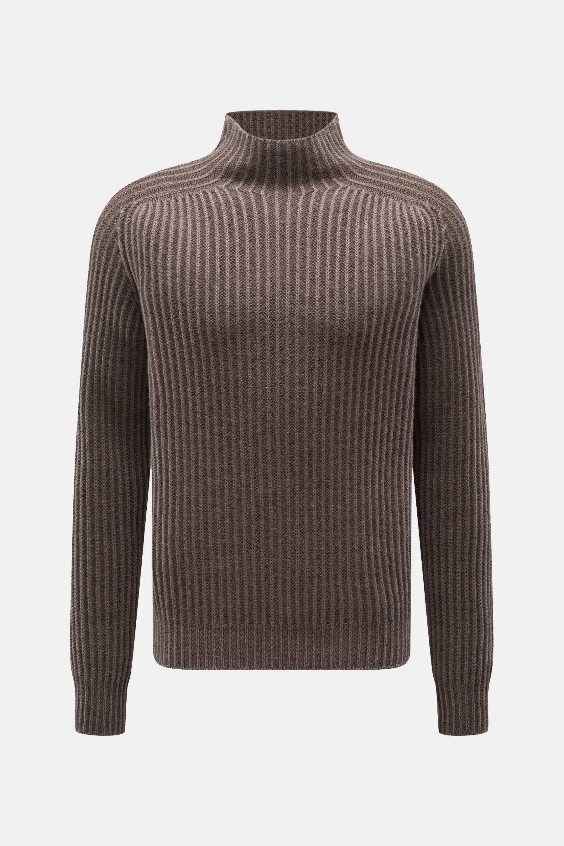 04651/ A trip in a bag Mock Neck Pullover 'Foggy Mock' graubraun, frontal, Slim Fit, Stehkragen, weiche reine Wolle, grobes Rippstrickmuster, garment dyed.